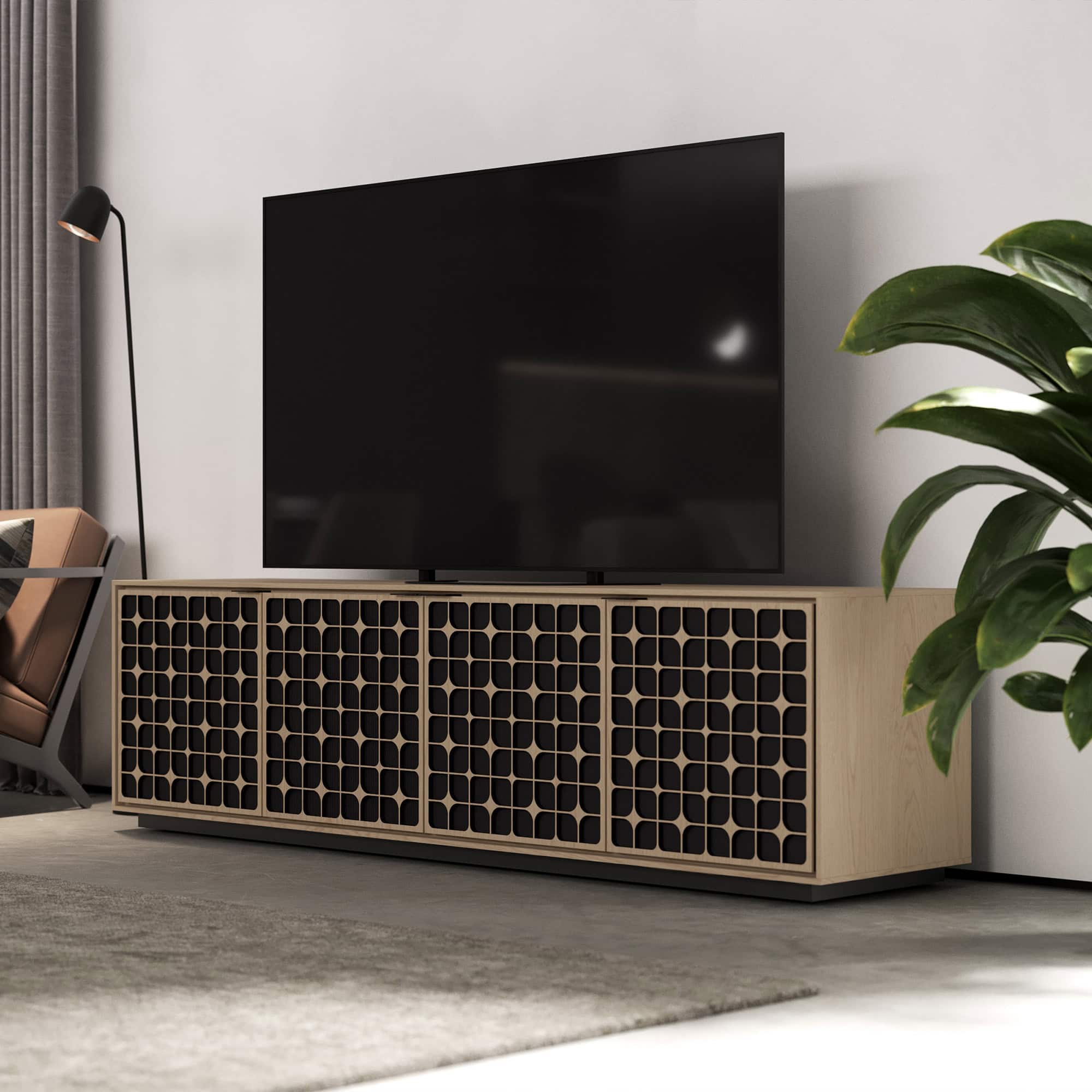 Sleek modern TV console with geometric lattice design, ideal for contemporary living room decor.