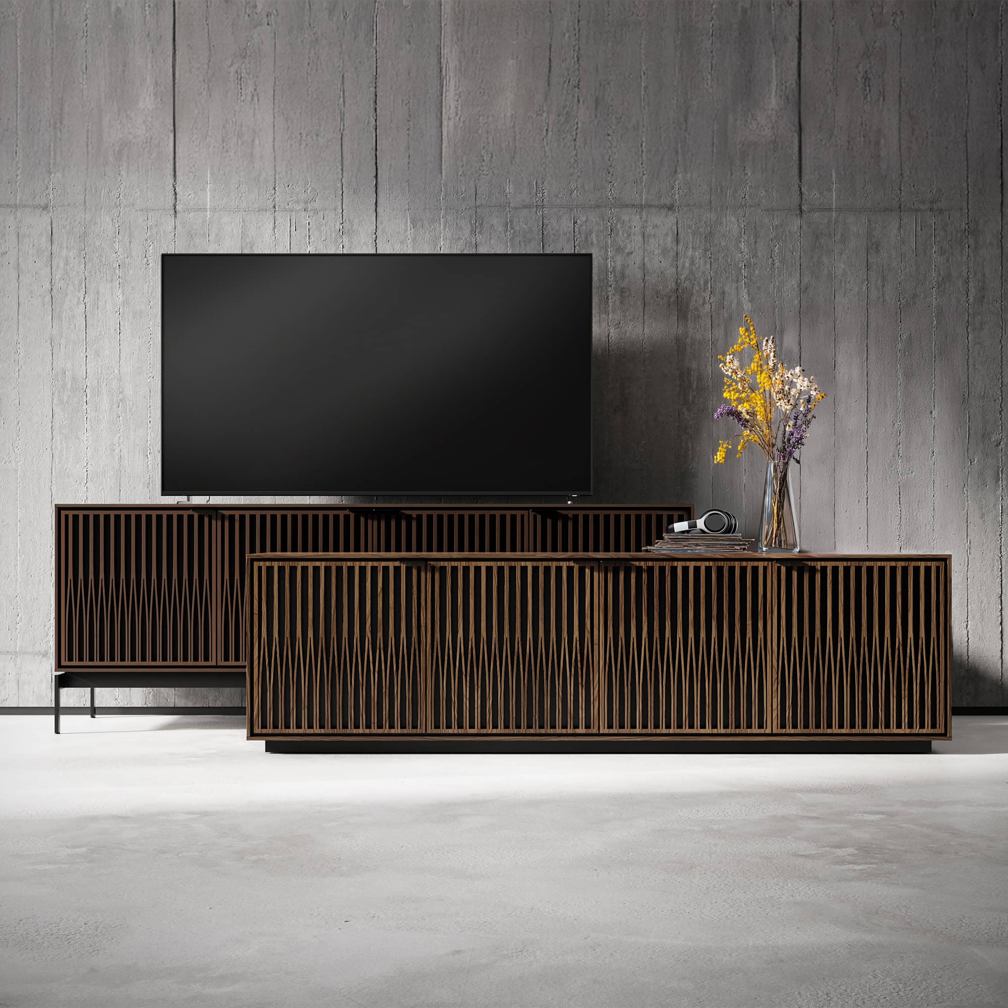 Sustainable modern wooden TV console with geometric slat design and minimalist decor.