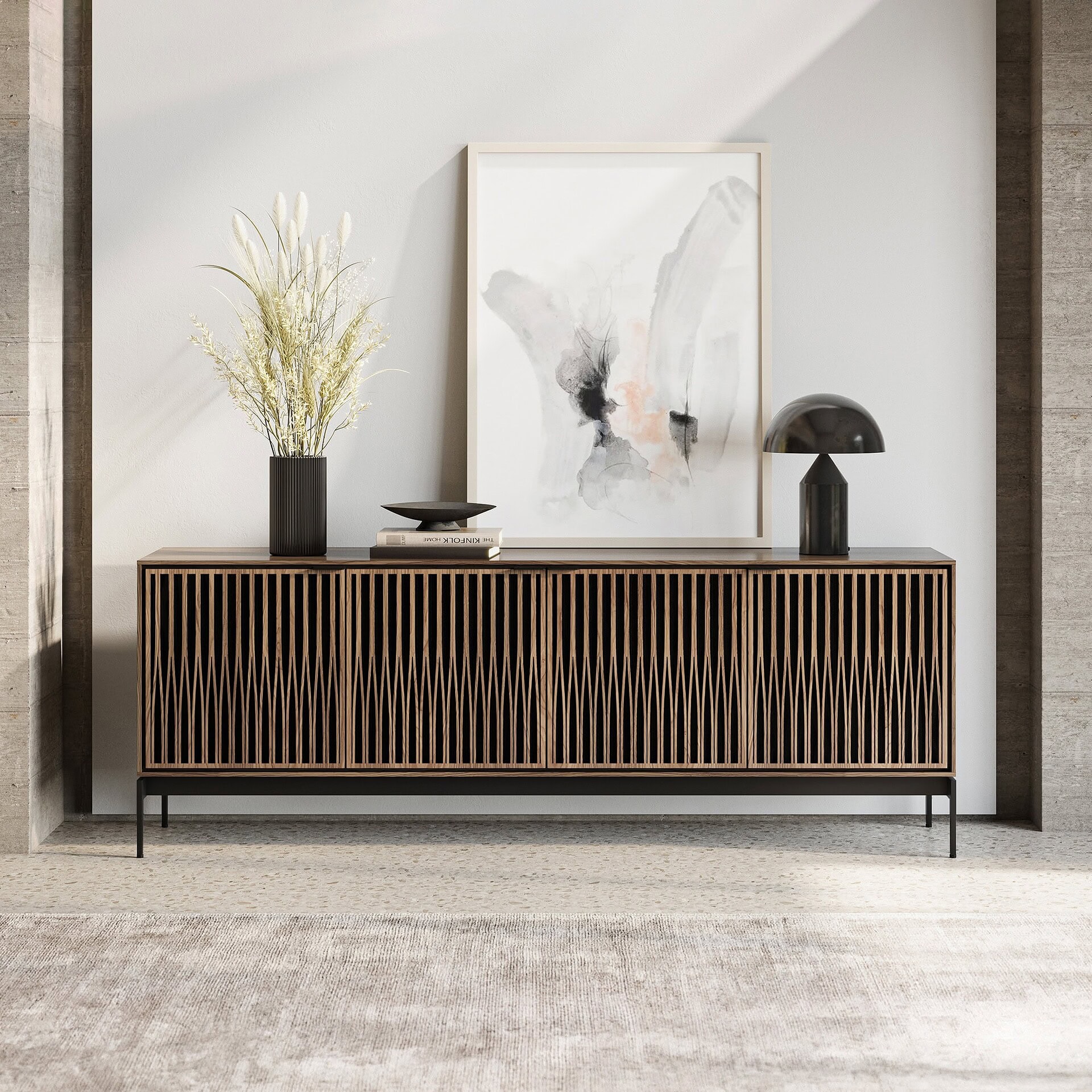 Elegant wooden sideboard with modern design and decorative accessories for stylish interiors.