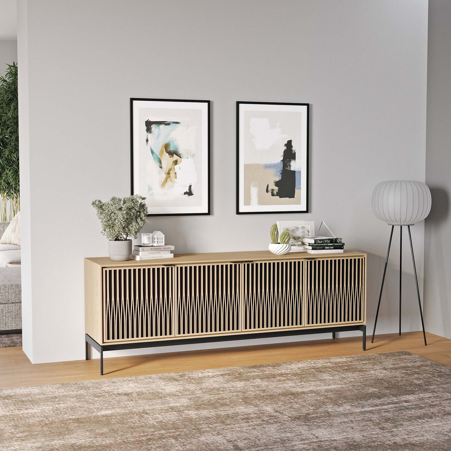 Boho modern wooden sideboard with slatted doors in a stylish living room setting.