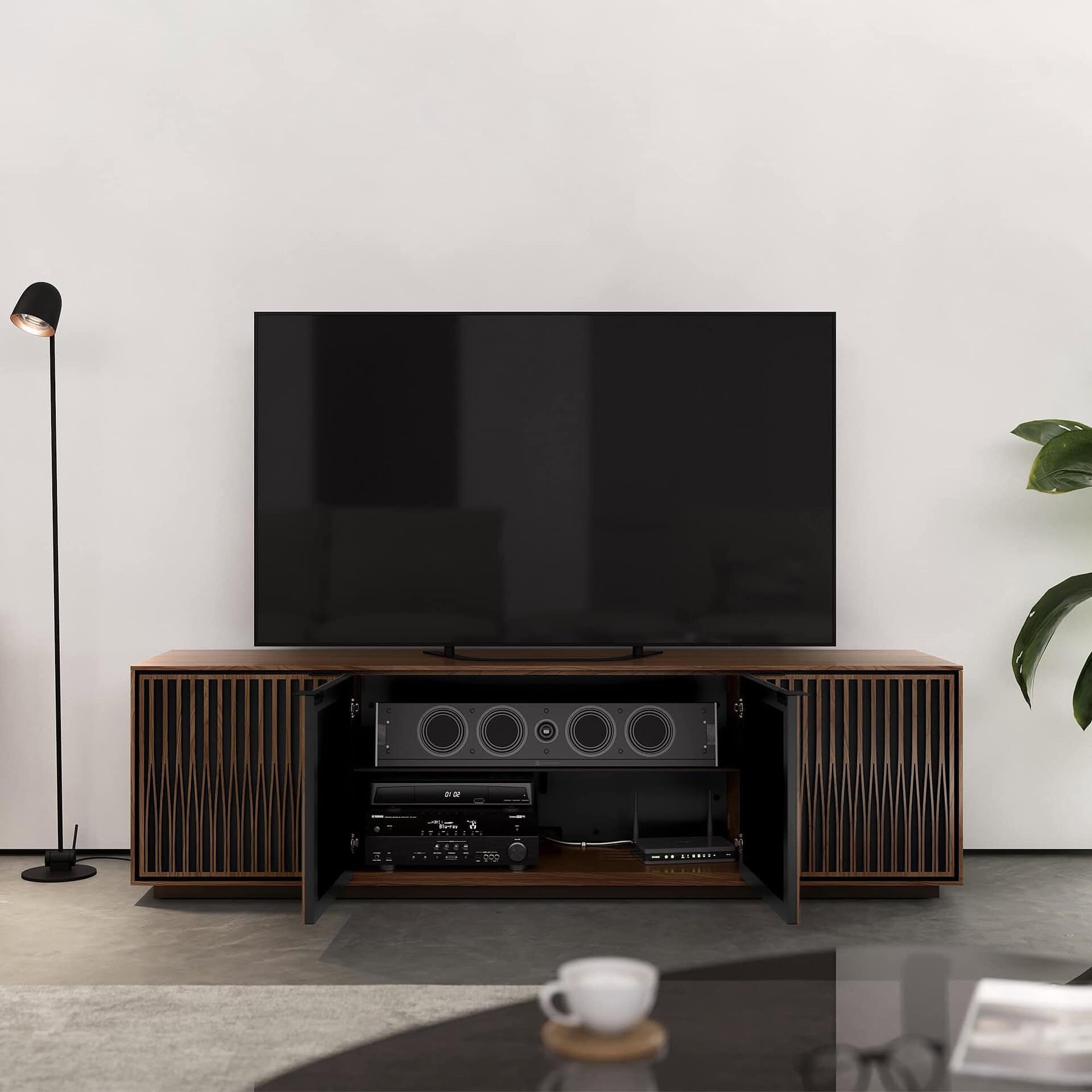 Sleek modern wooden media console with open storage and sliding door, perfect for stylish entertainment spaces.