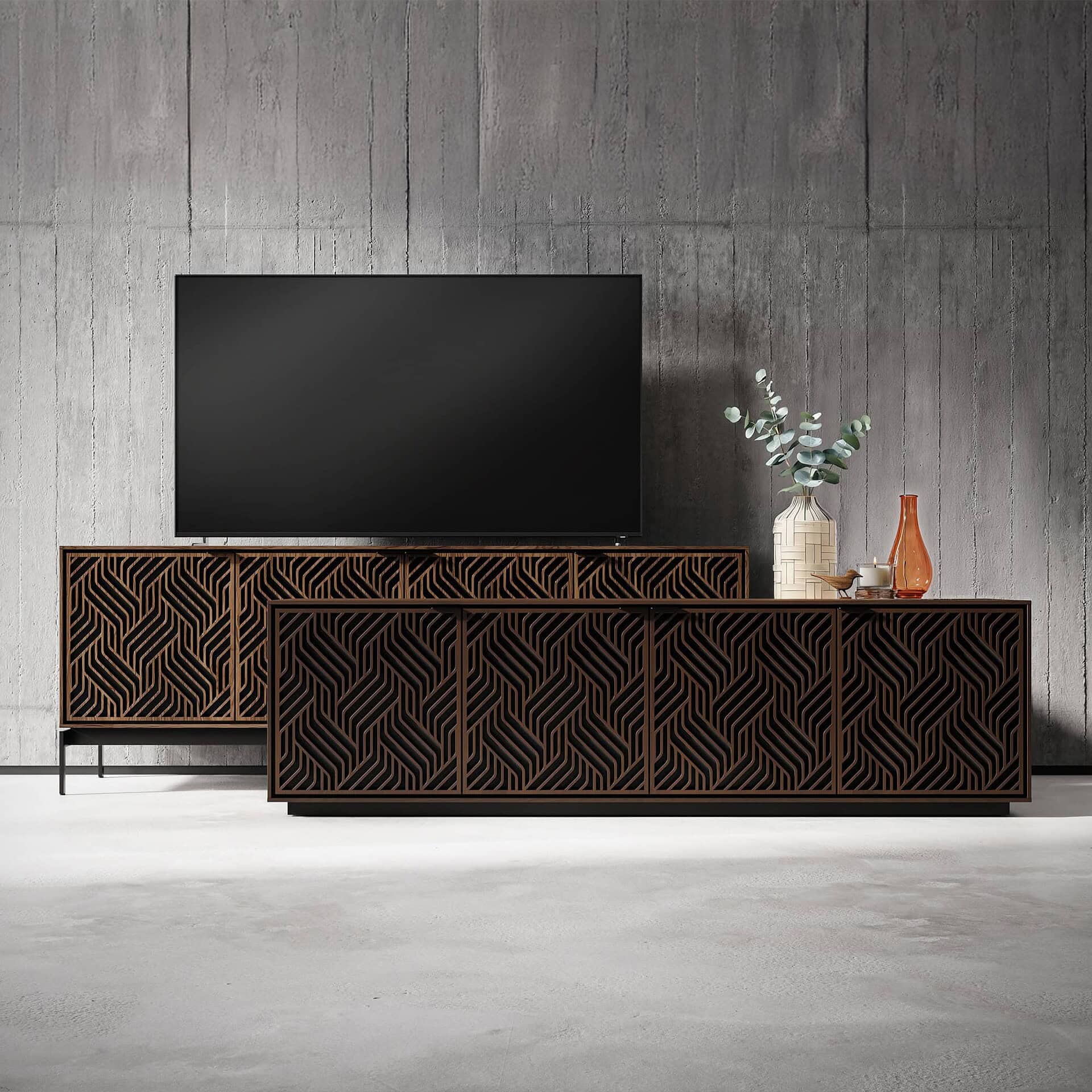 Stylish wooden media console with intricate geometric design, perfect for modern living rooms.