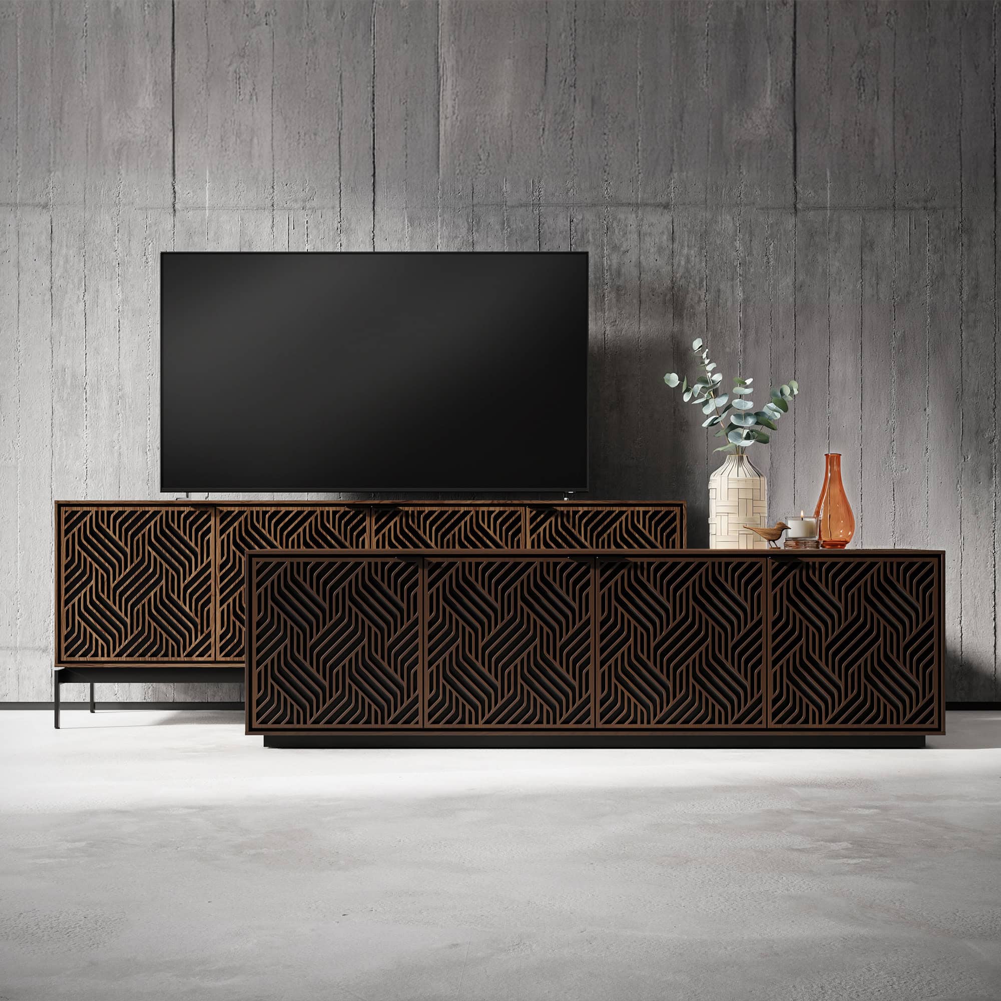 Stylish wooden media console with intricate geometric design, perfect for modern living rooms.