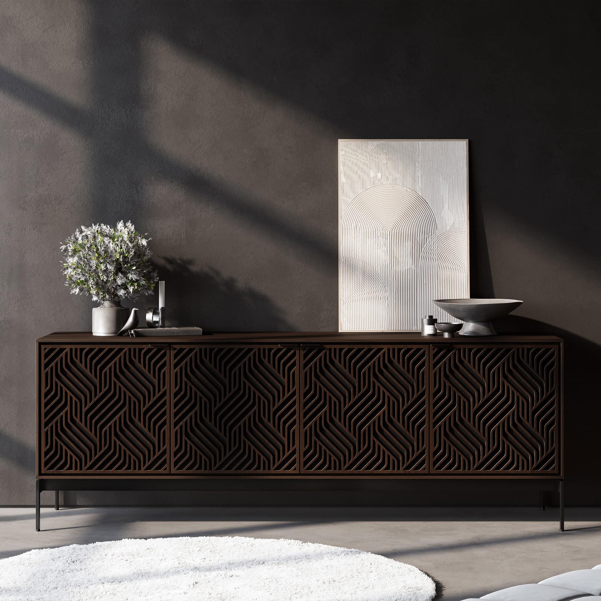 Elegant dark wood modern credenza with geometric cutout design, perfect for contemporary living rooms.