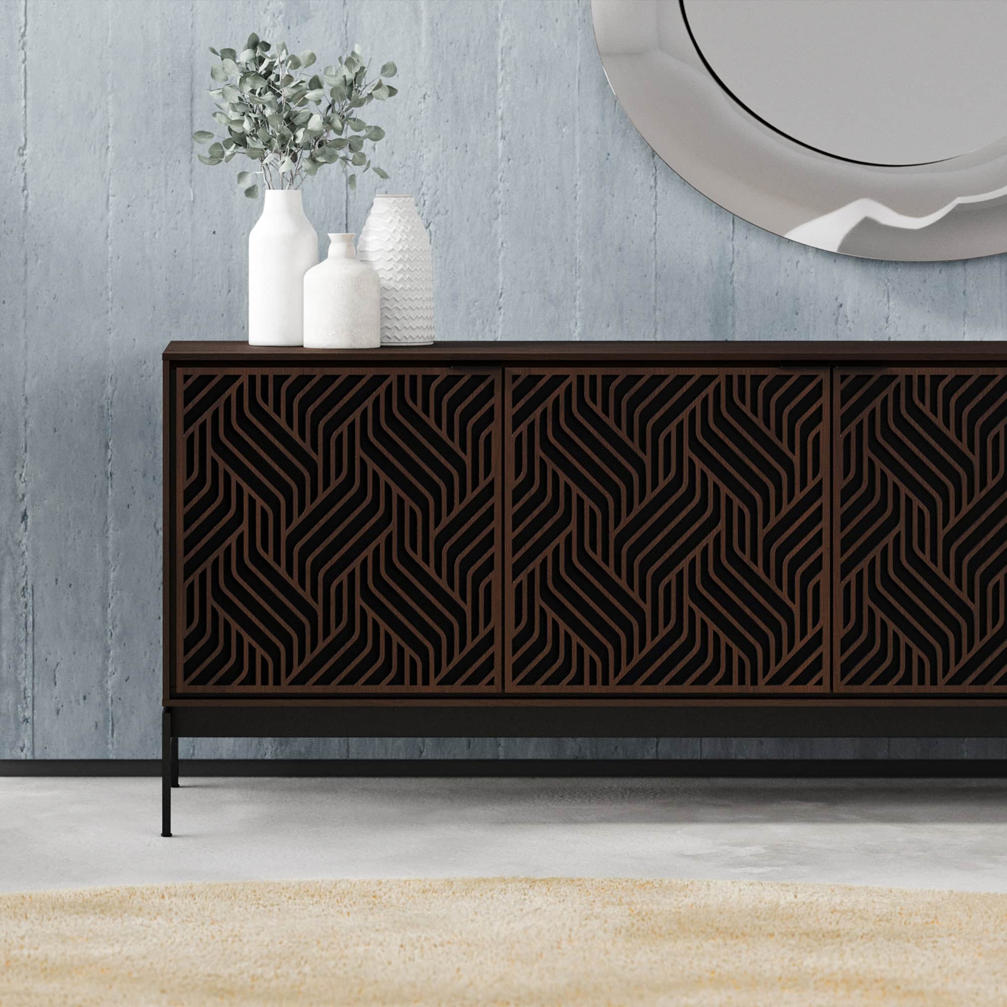 Sustainable dark wood console table with geometric design, modern decor, and decorative vases.
