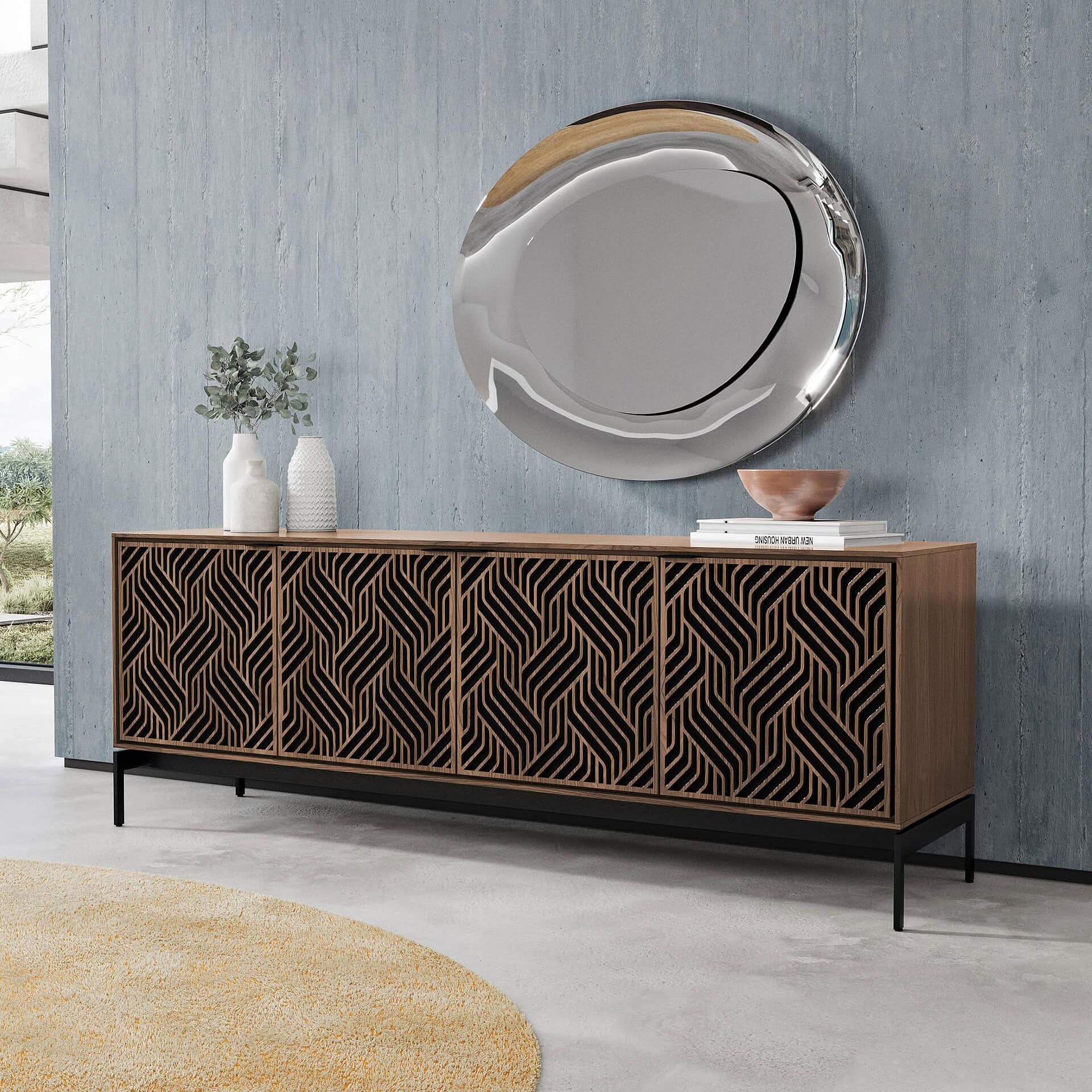 Sleek wooden sideboard with geometric cutout pattern for modern living rooms.