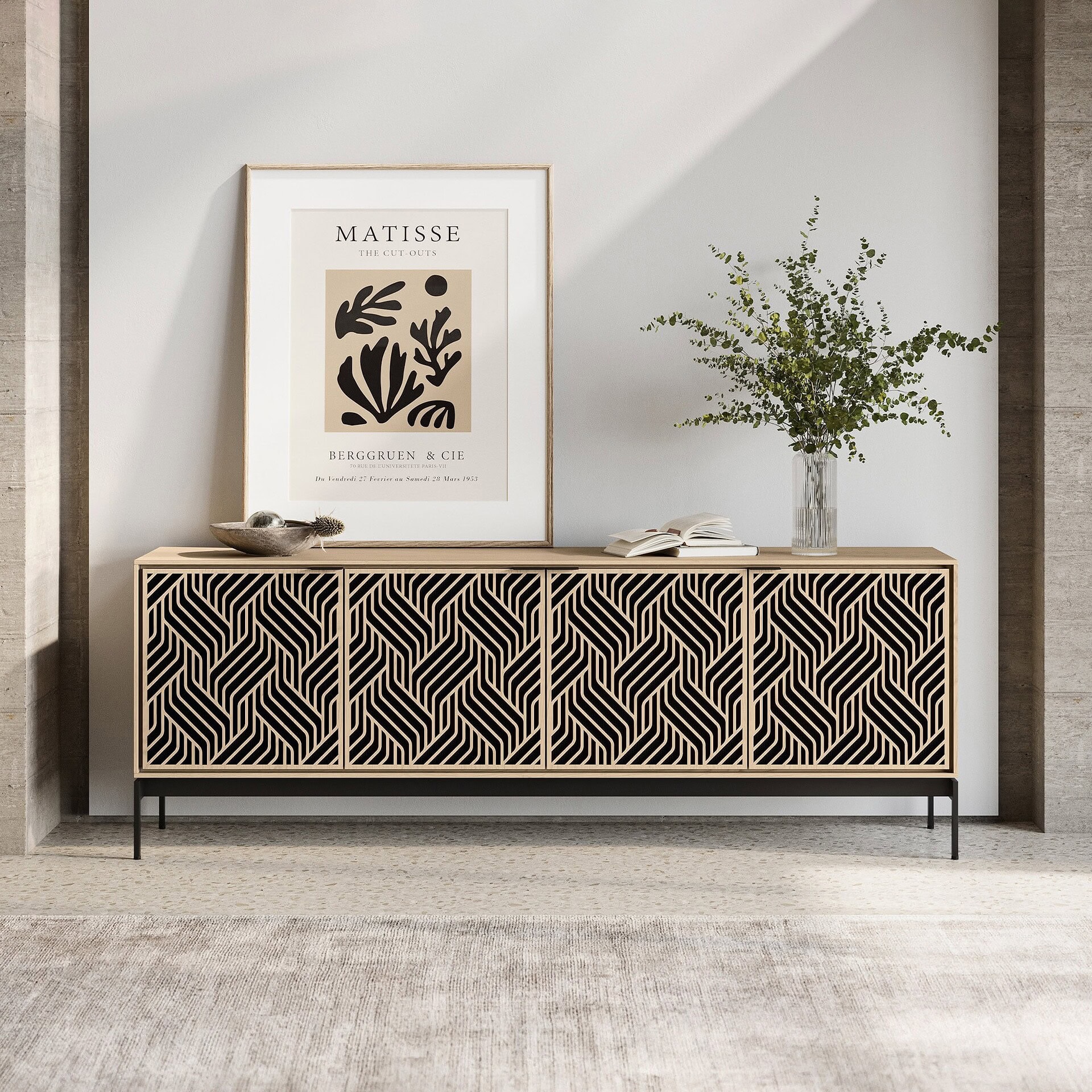 Stylish modern sideboard with intricate black geometric pattern for contemporary home decor.