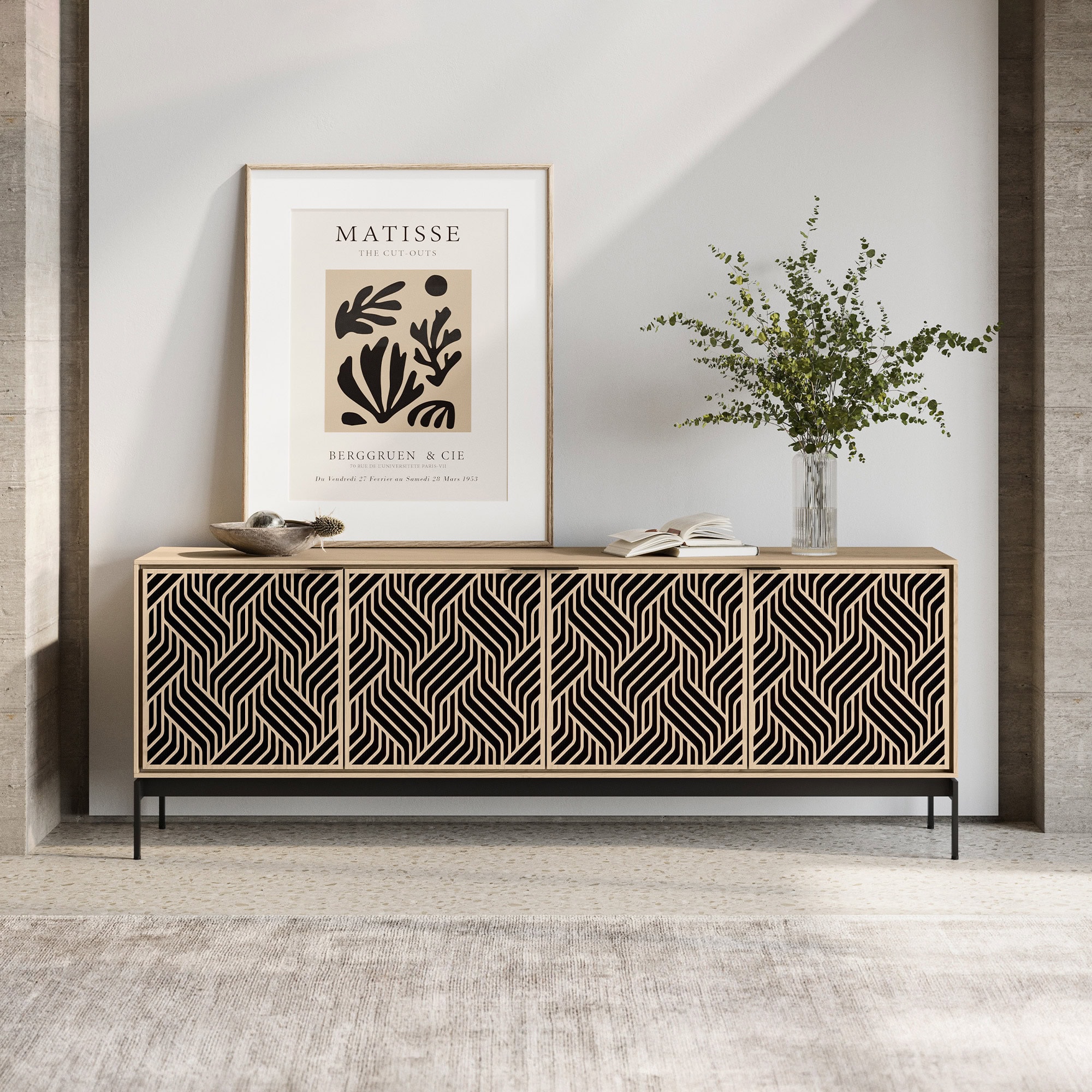 Stylish modern sideboard with intricate black geometric pattern for contemporary home decor.
