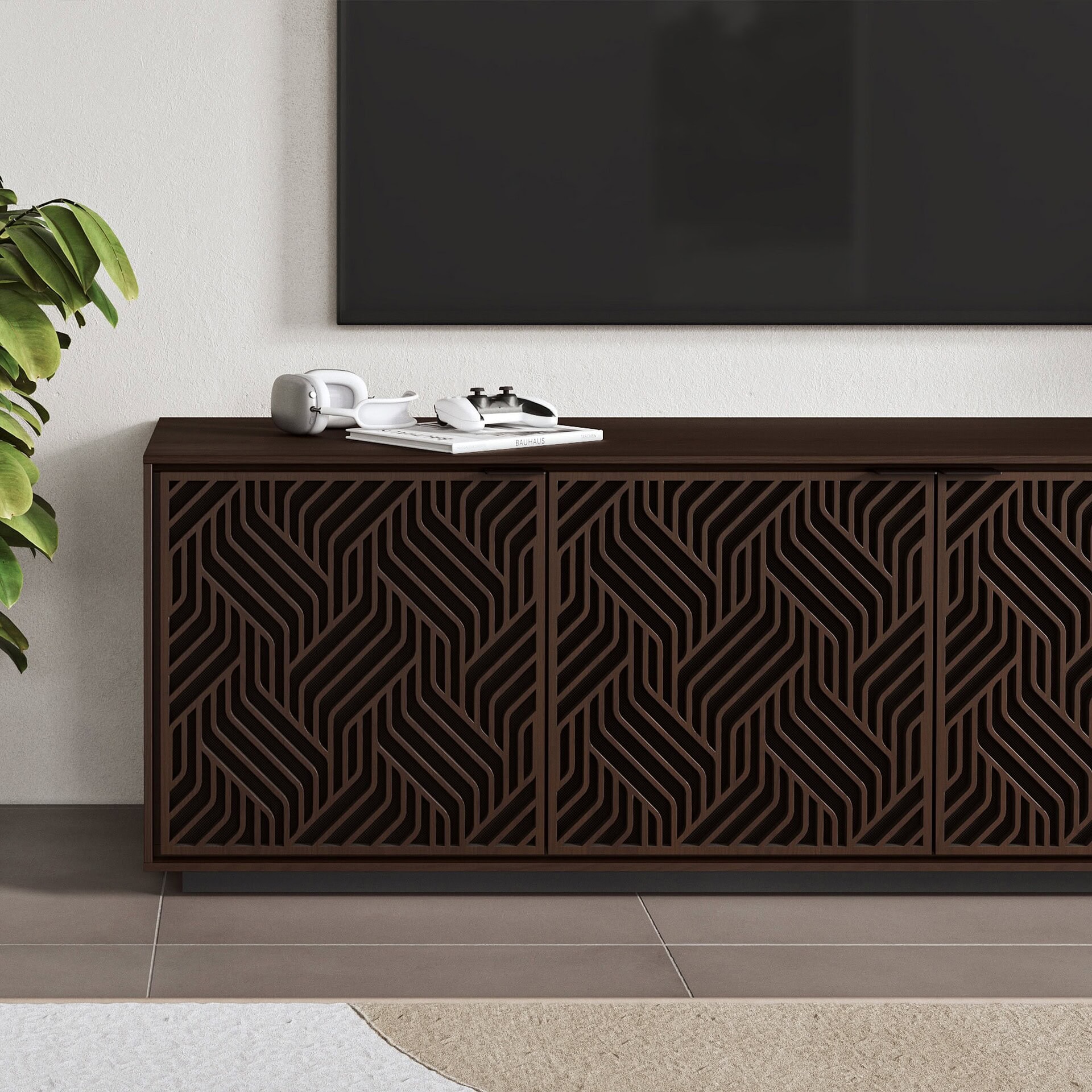Elegant dark wood entertainment console with geometric cutout design, perfect for modern living rooms.