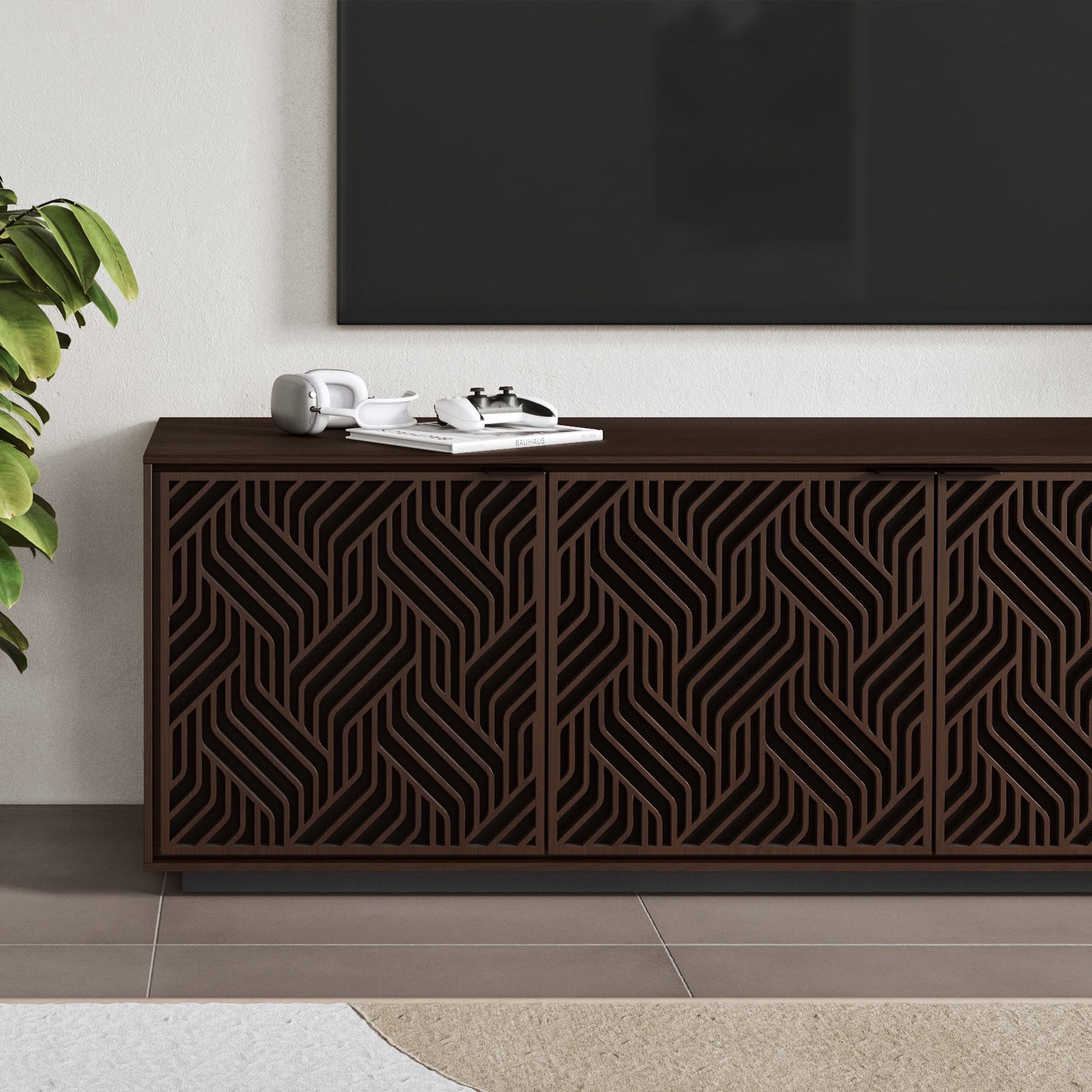 Elegant dark wood entertainment console with geometric cutout design, perfect for modern living rooms.