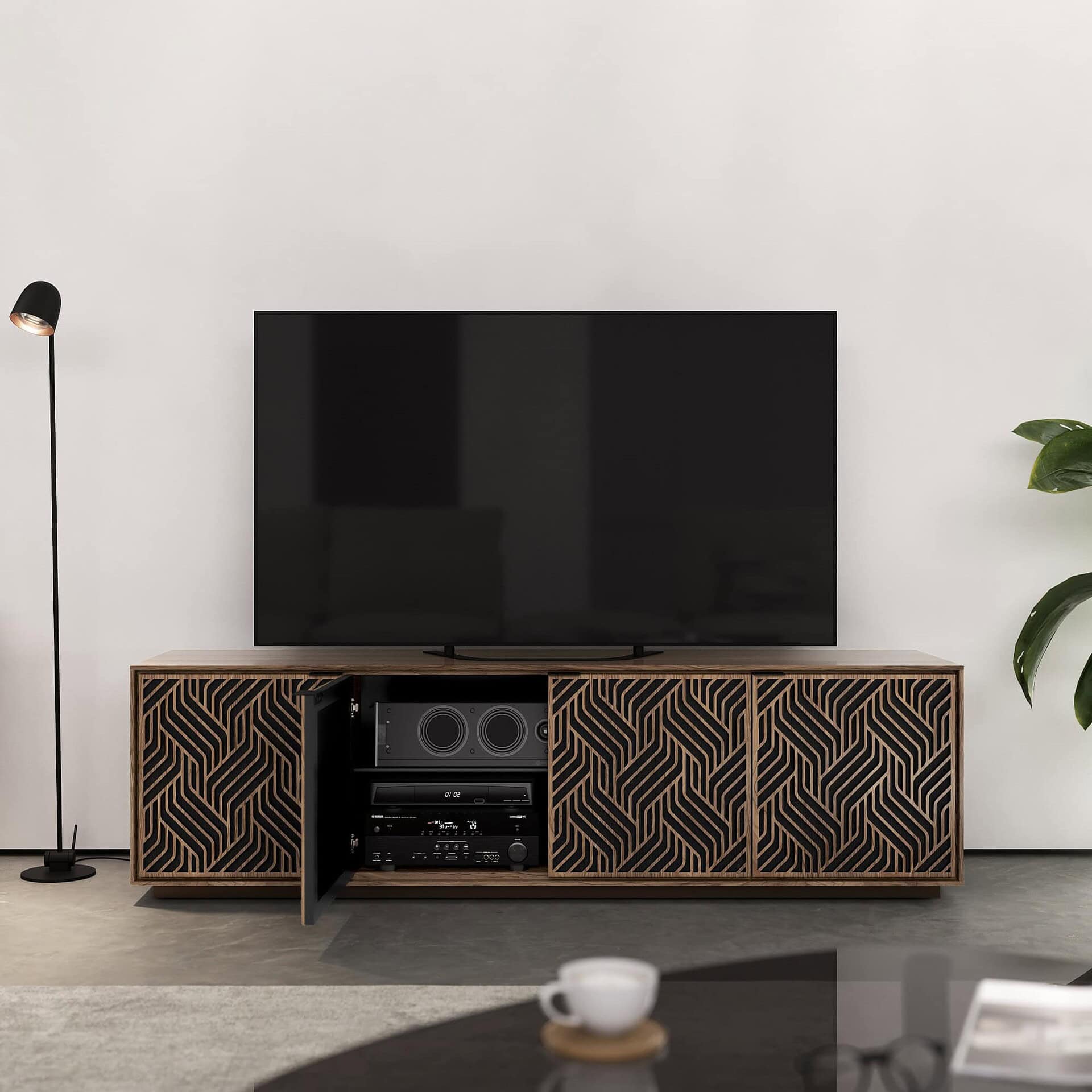 Contemporary TV console with intricate wooden geometric pattern, perfect for modern living rooms.