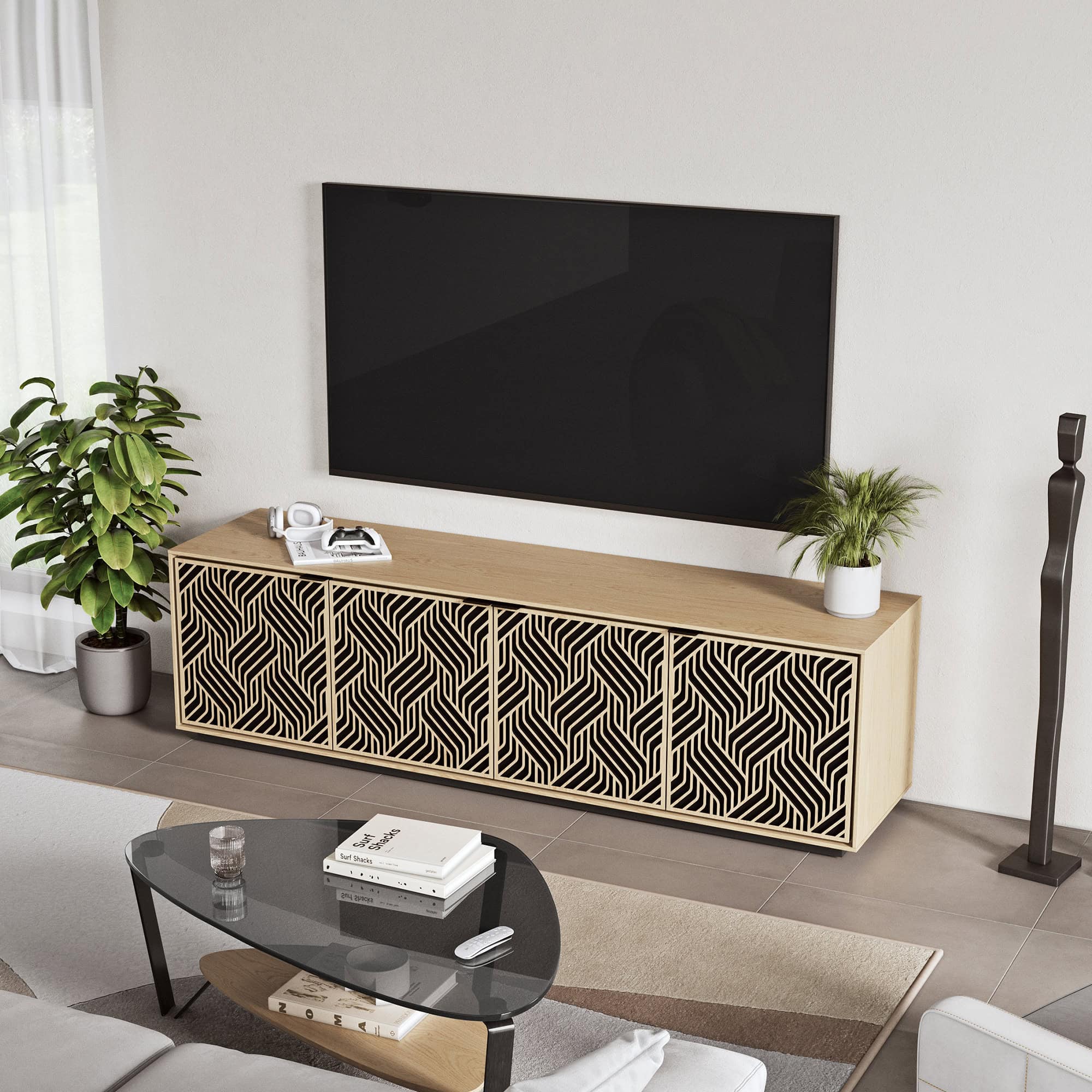 Elegant modern TV console with geometric patterned front, perfect for stylish living rooms.