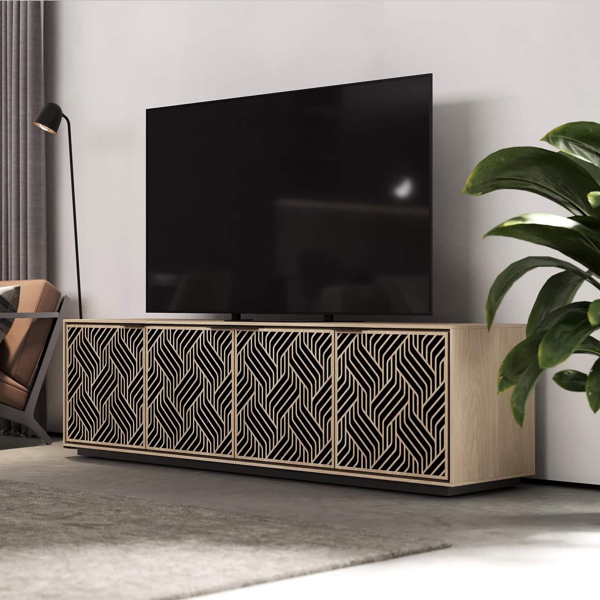 Contemporary wood TV console with a geometric patterned front, modern home entertainment setup.
