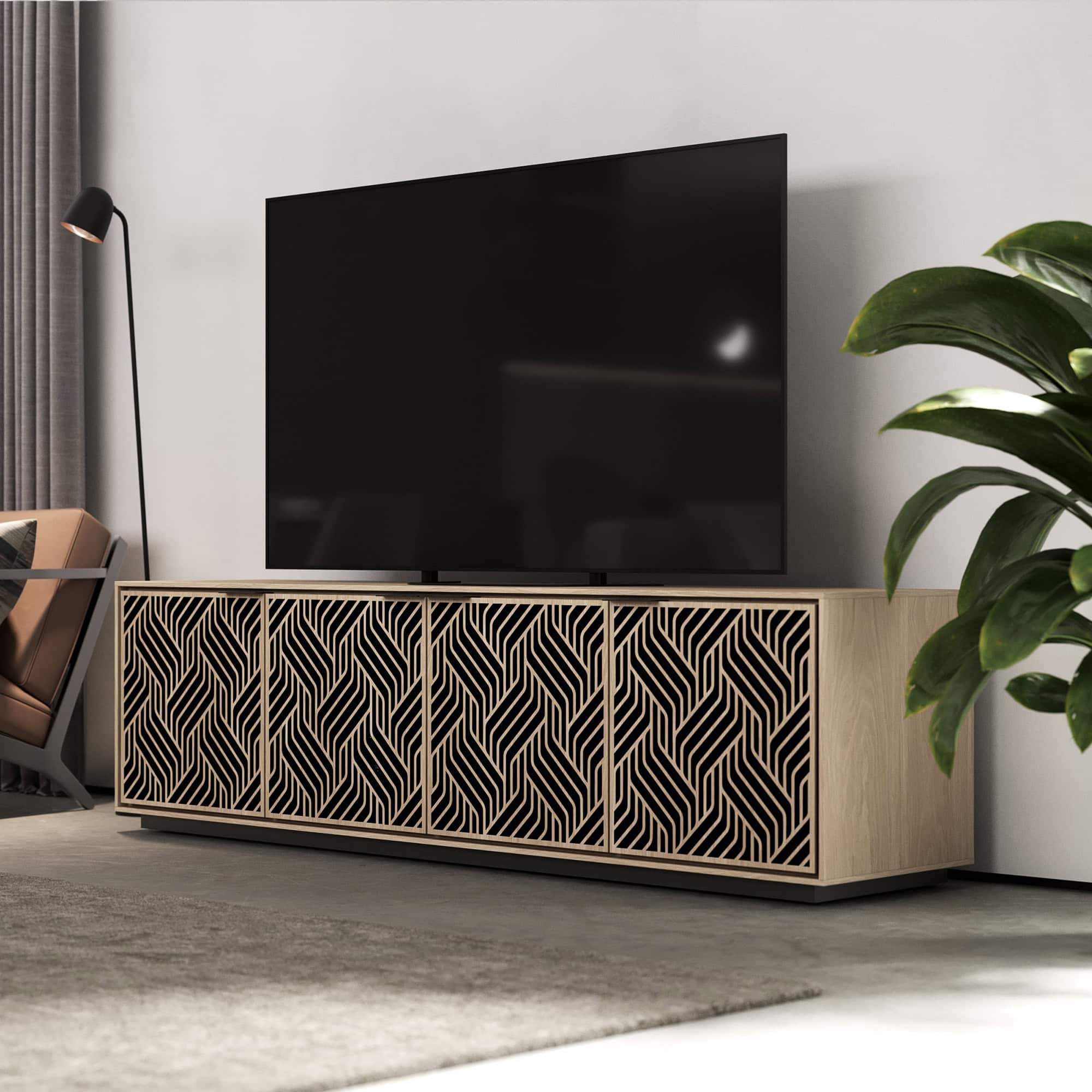 Contemporary wood TV console with a geometric patterned front, modern home entertainment setup.