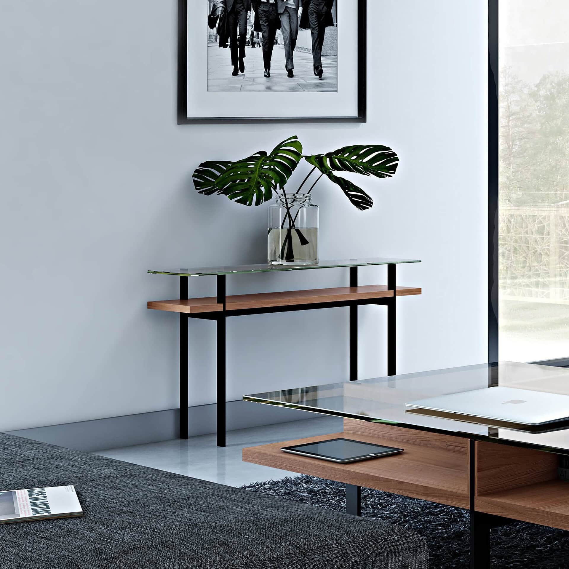 Minimalist modern console with glass top, wooden shelf, and black metal frame, featuring indoor plant decor.