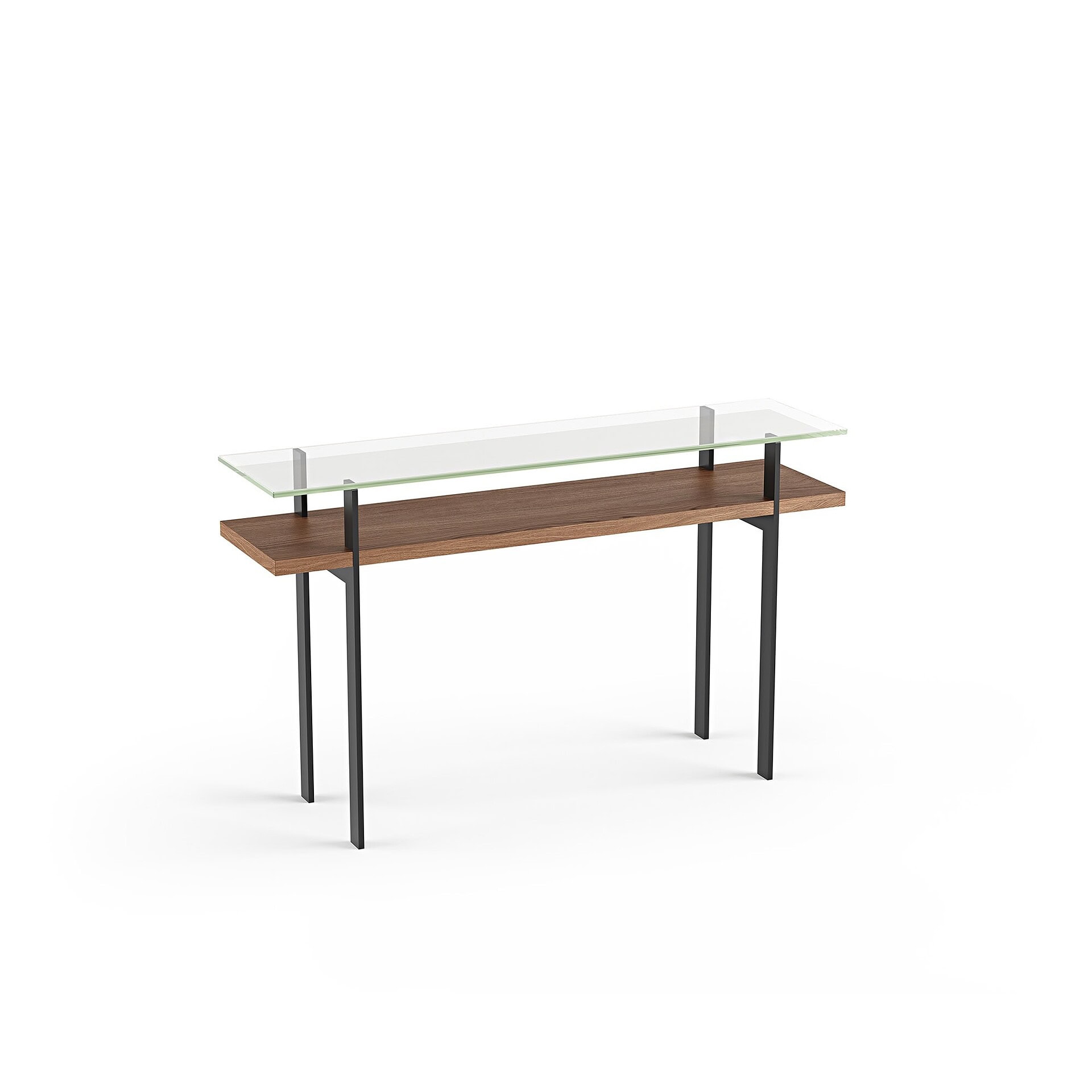 Sleek modern console table with glass top, wood shelf, and metal legs for stylish home decor.