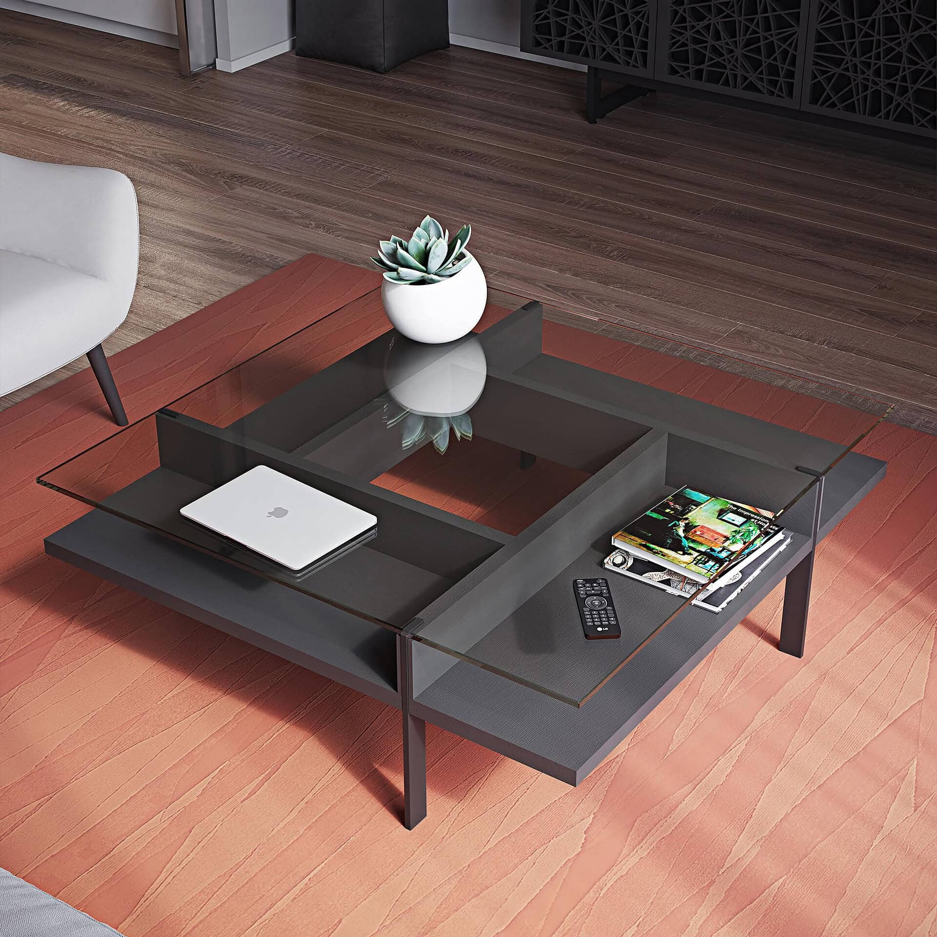 Contemporary glass-top coffee table with storage compartments, perfect for modern living rooms.