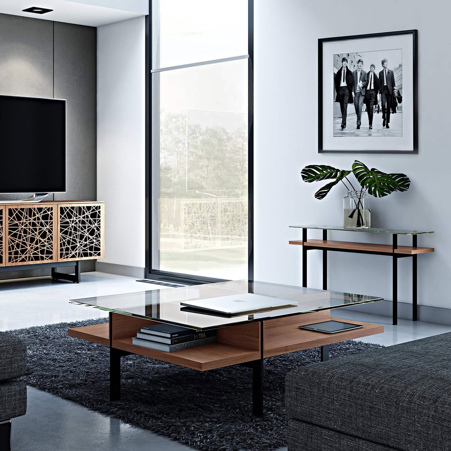 Contemporary living room with modern glass coffee table and stylish side table, bright and airy design.