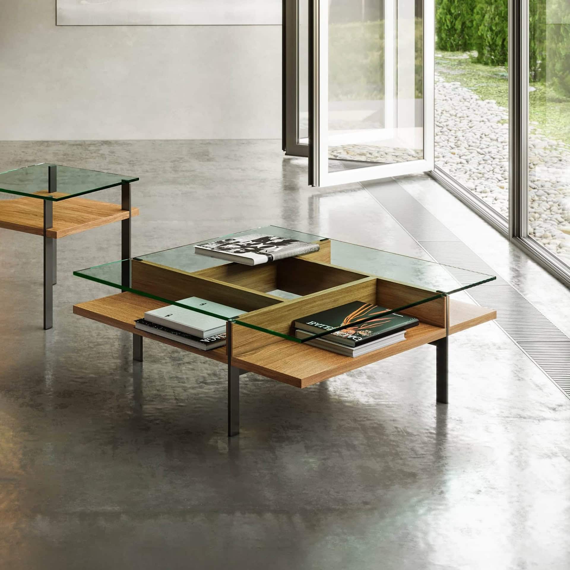 Contemporary wooden and glass coffee table with minimalist design, perfect for modern living rooms.