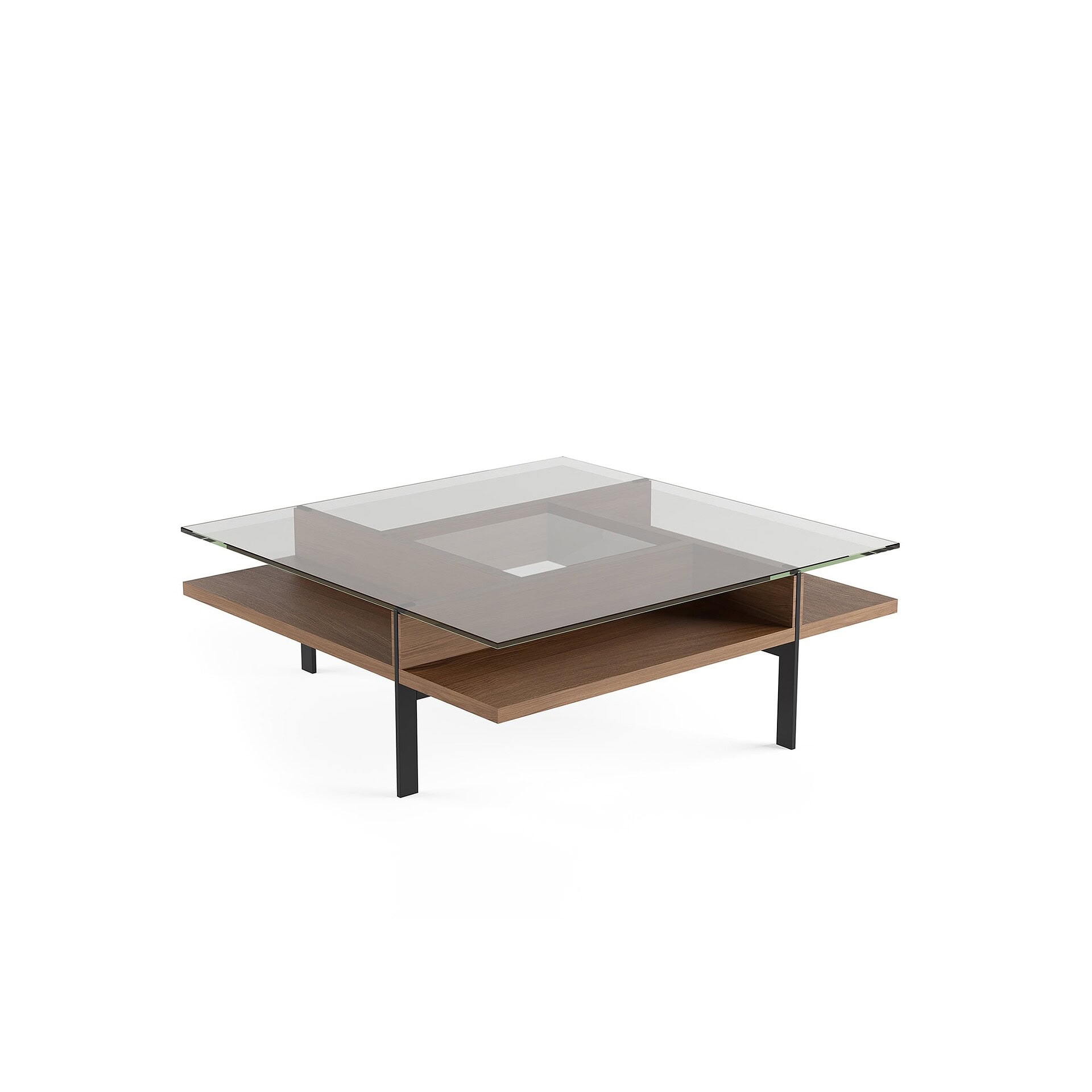 Sleek modern coffee table with glass top and wooden shelf, stylish furniture for living rooms.