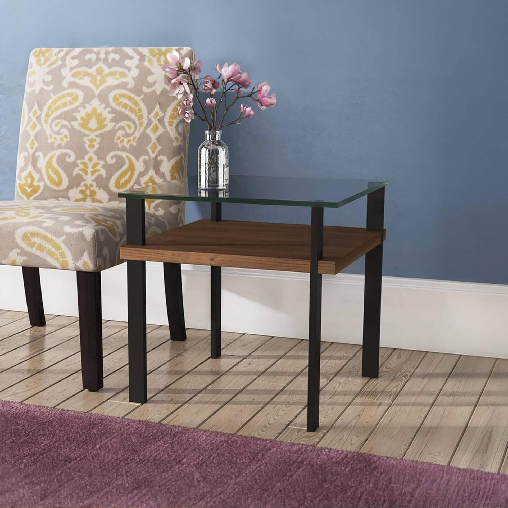 Modern glass-top side table with wood shelf, perfect for living room decor and furniture.
