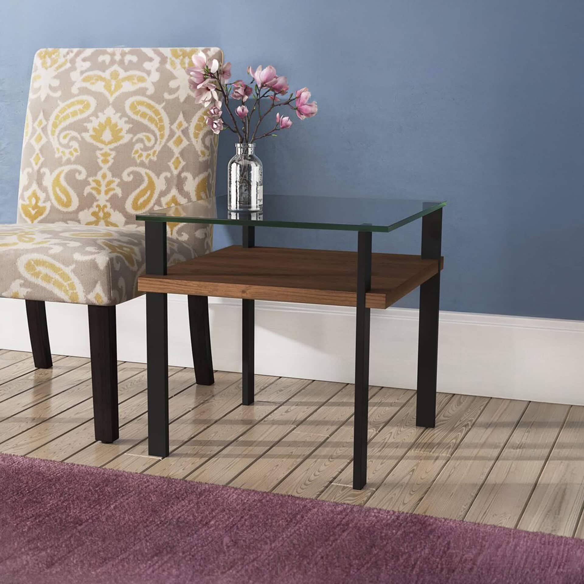 Modern glass-top side table with wood shelf, perfect for living room decor and furniture.