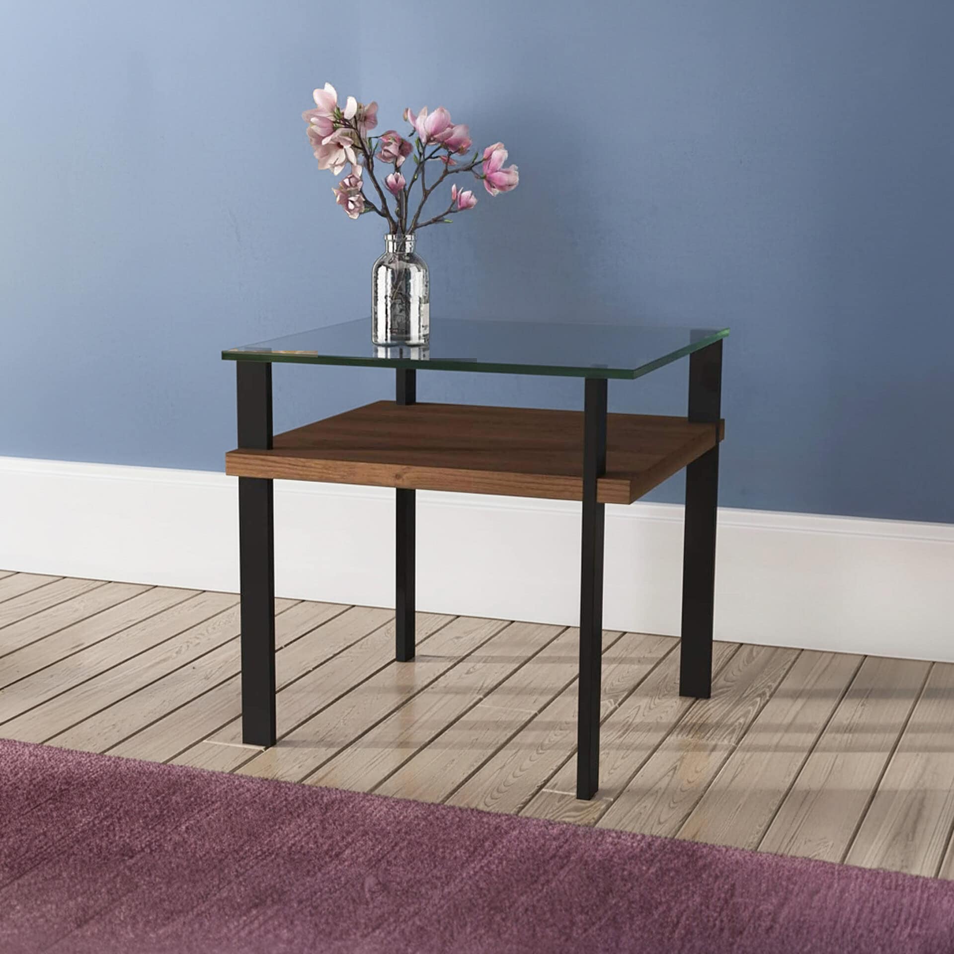Modern glass-top side table with wood shelf, perfect for living room decor and furniture.