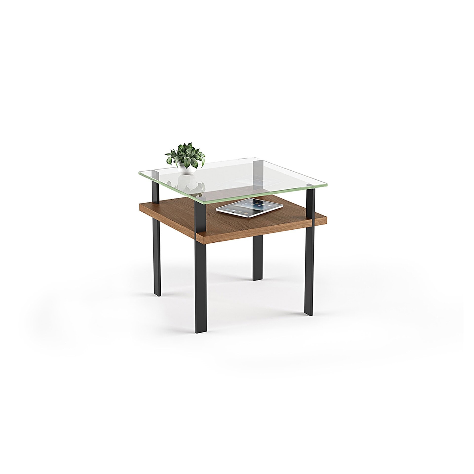Modern nesting tables with glass and wood surfaces, perfect for stylish living rooms.