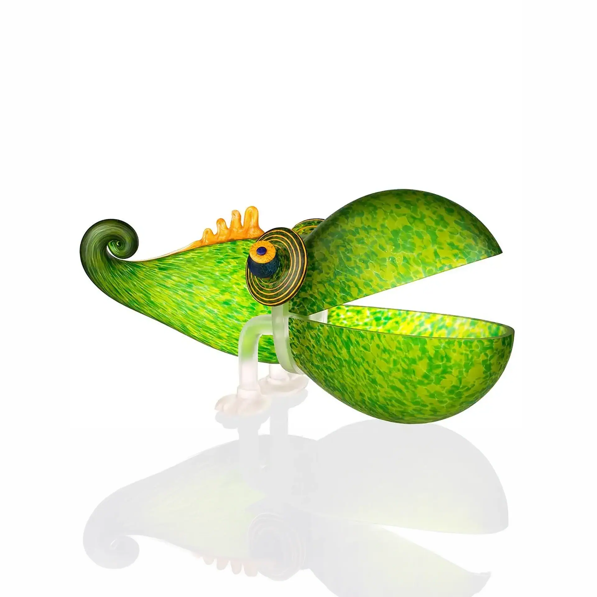 Chameleon glass decorative bowl with a chameleon design and vibrant green color.
