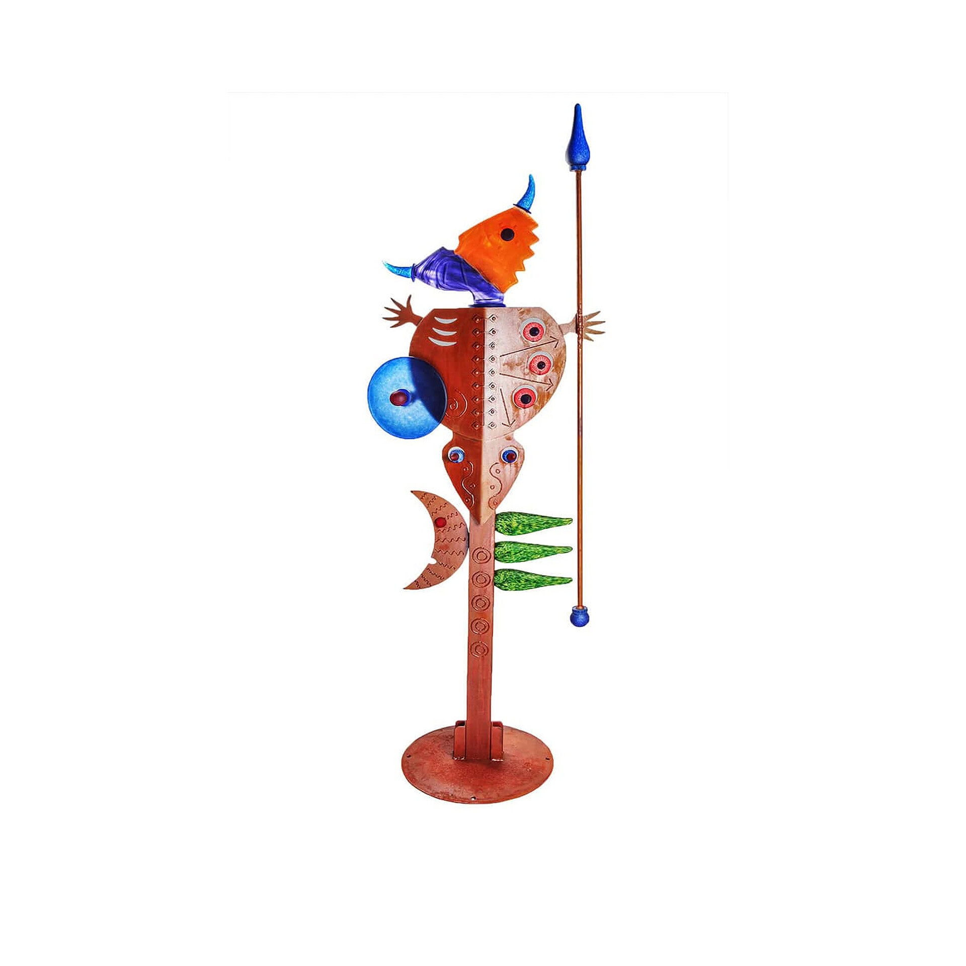 Vibrant fish and spear sculpture, handcrafted art piece for home or office decor.