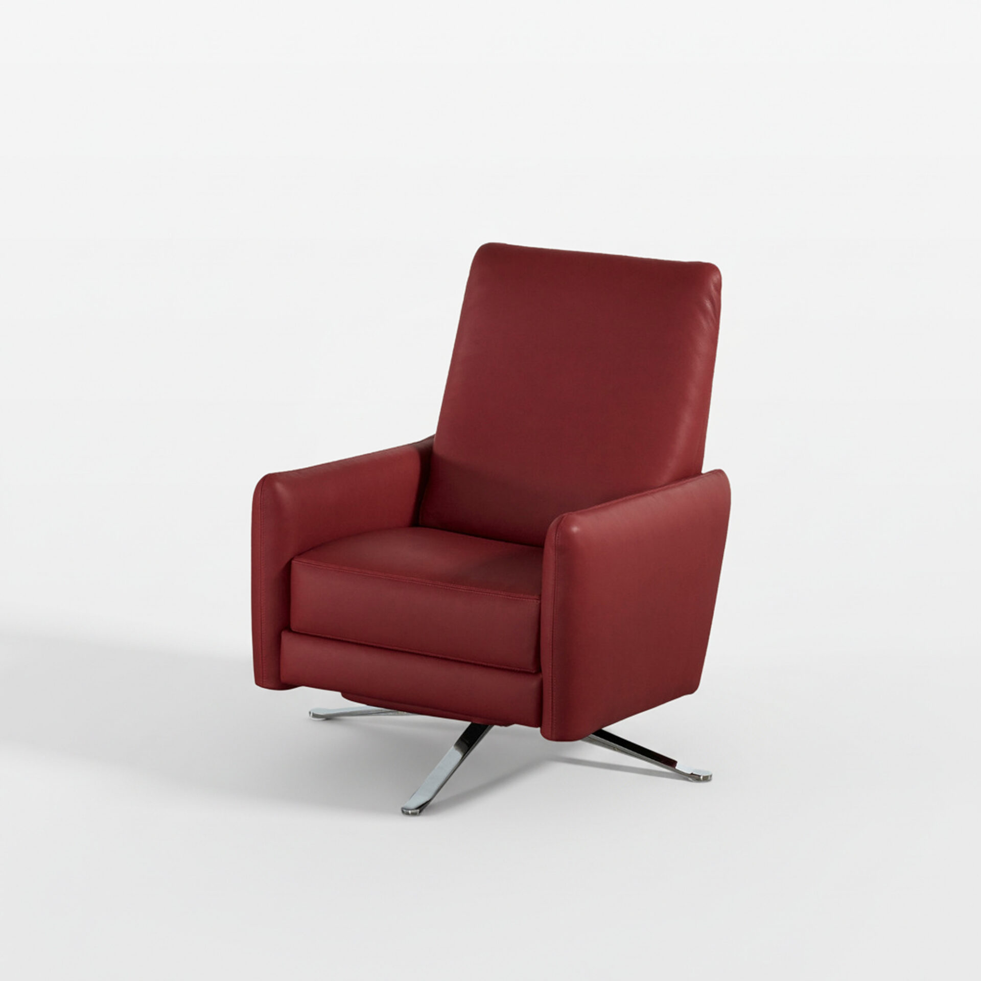 A modern, deep red leather armchair with a polished chrome star-shaped base, set against a white background.