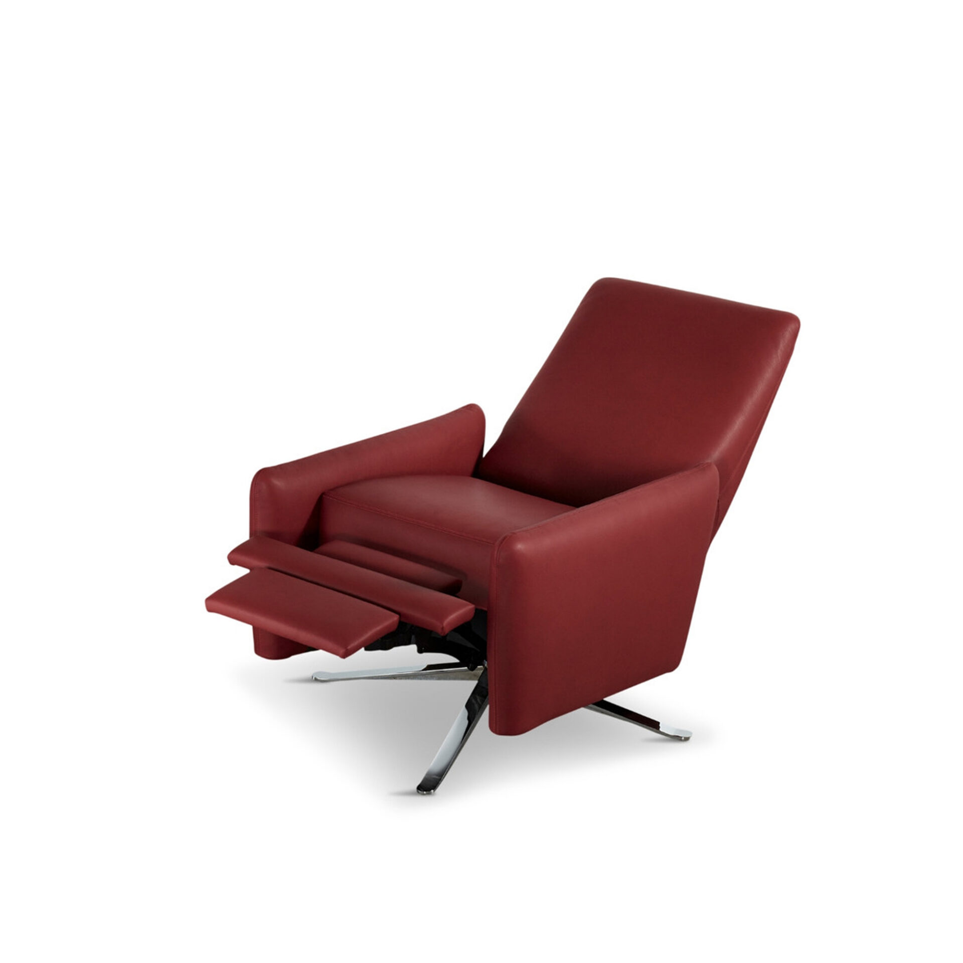 A modern, deep red leather recliner chair with an extended footrest and a polished chrome base, shown against a white background.