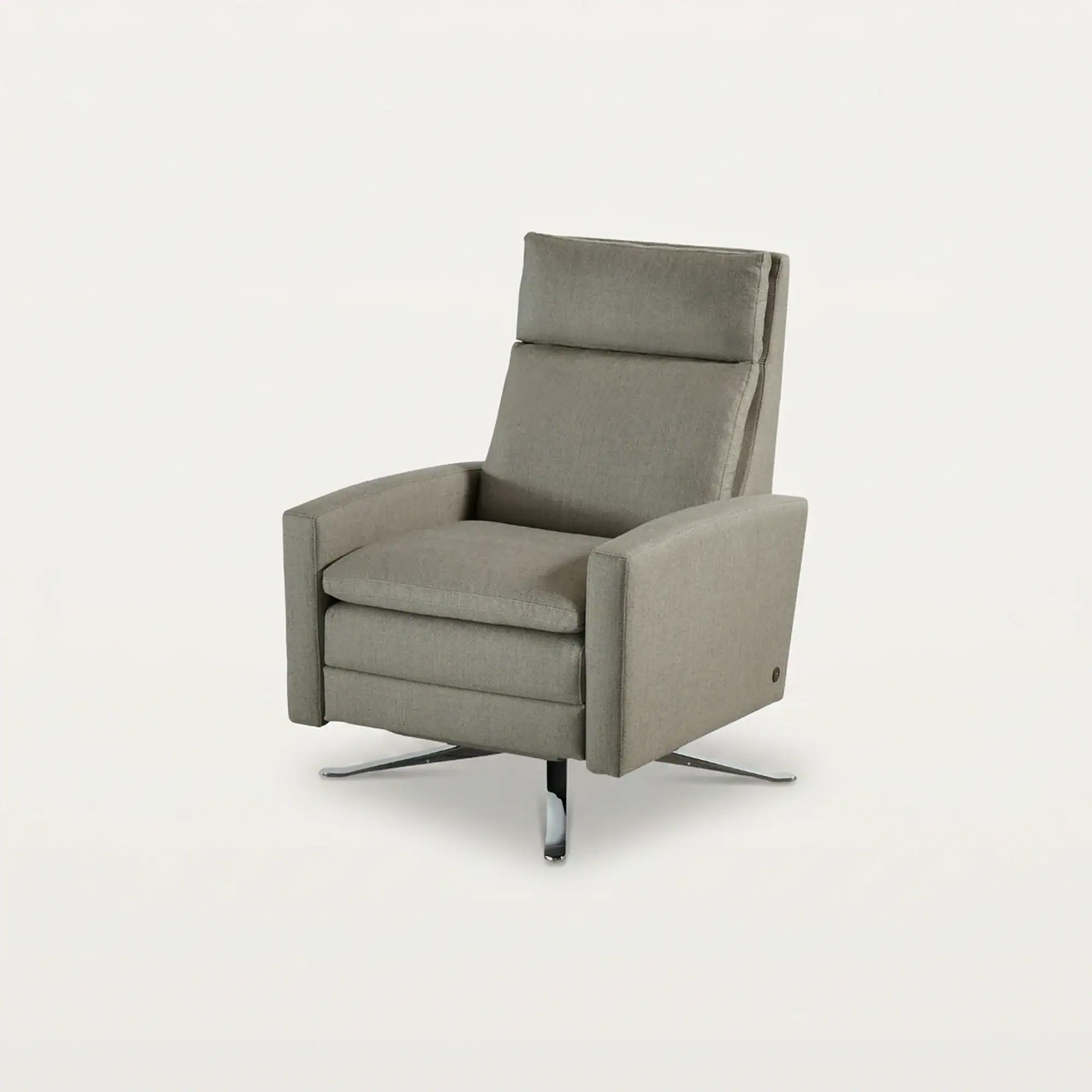 A modern light gray fabric recliner chair with a high back and a polished chrome swivel base, set against a white background.