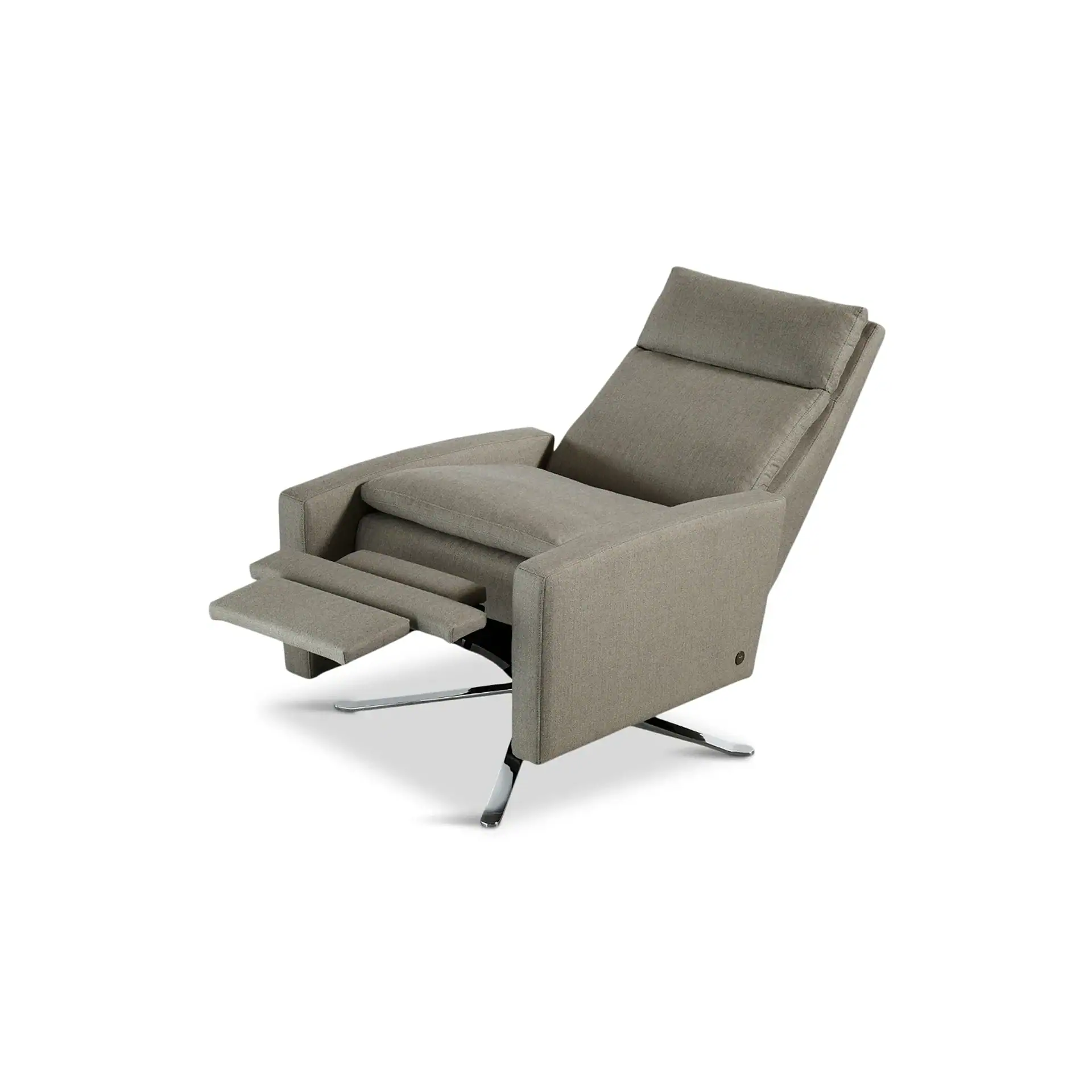 A light gray fabric recliner chair in a reclined position with an extended footrest and a polished chrome base, set against a white background.