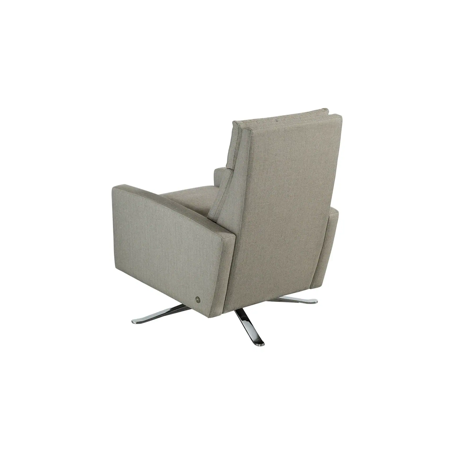 A light gray modern armchair with a high back and broad armrests, resting on a polished chrome swivel base, viewed from the rear three-quarter angle.