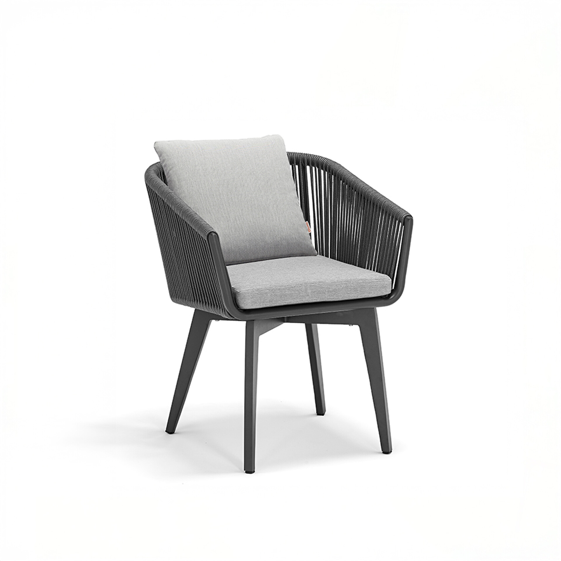 A modern dark gray woven armchair with light gray seat and back cushions, set against a white background.