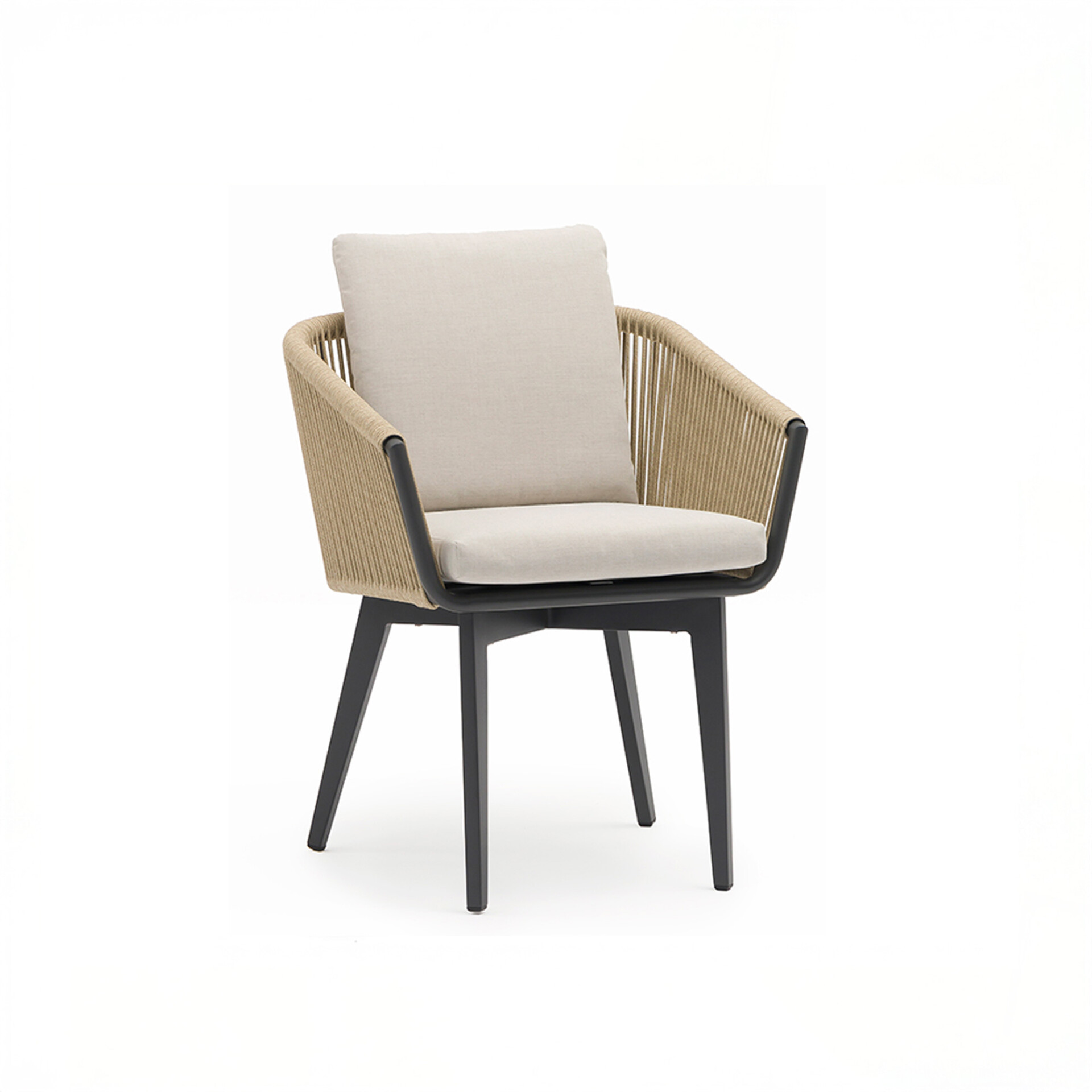 Modern armchair with tan woven rope back and armrests, a dark metal frame, and light beige seat and back cushions, on a white background.
