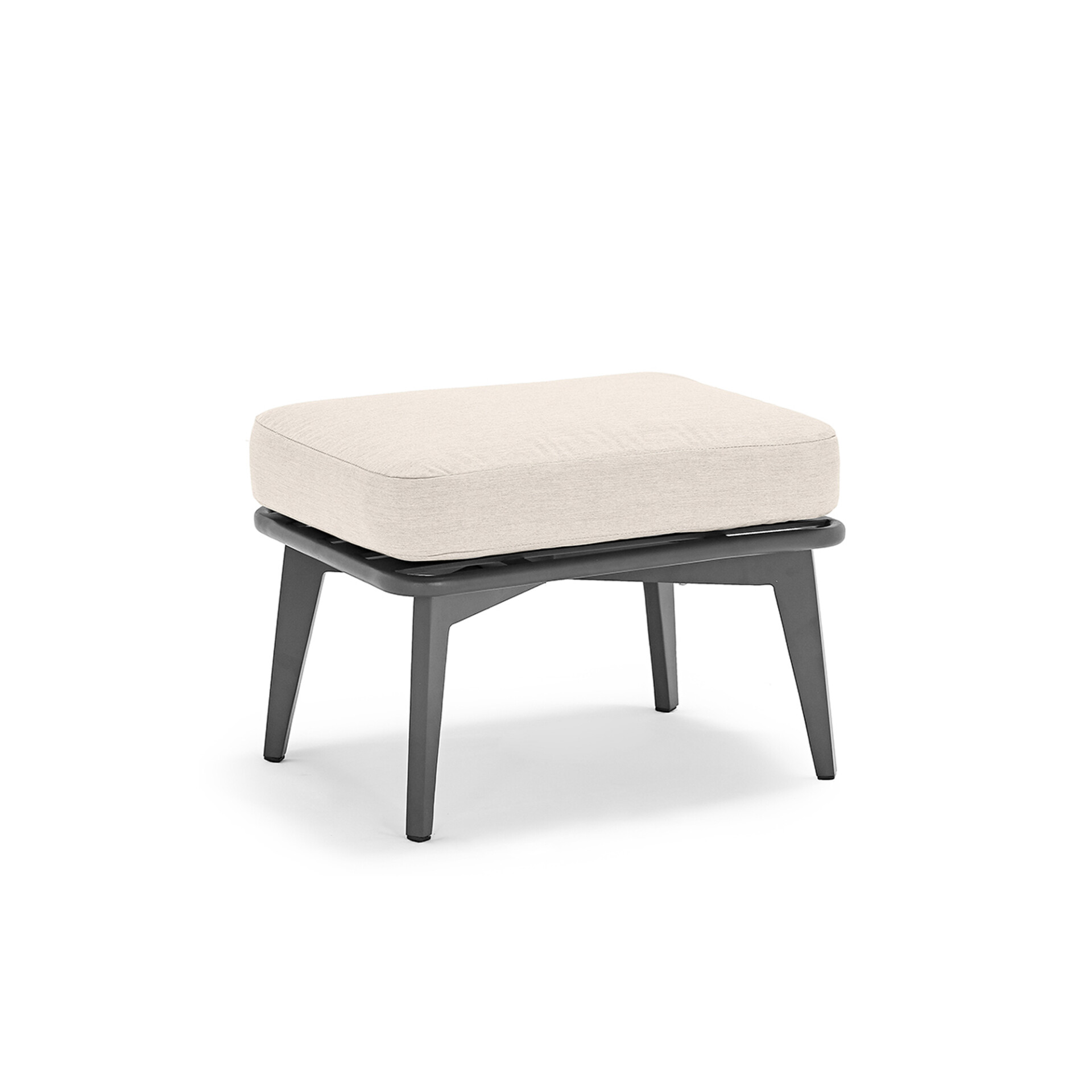 A modern rectangular ottoman with a light beige fabric cushion on a dark gray metal frame, isolated on a white background.