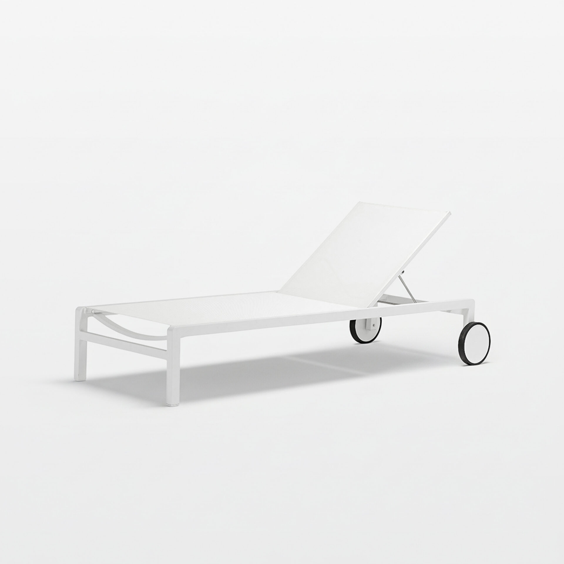 Ella Chaise Lounge in white aluminum frame with teak arms and mesh seat, angled front view.