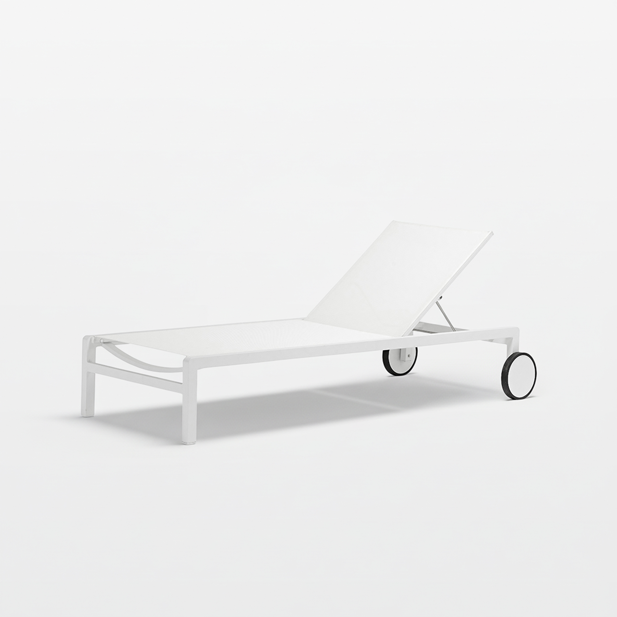 Ella Chaise Lounge in white aluminum frame with teak arms and mesh seat, angled front view.