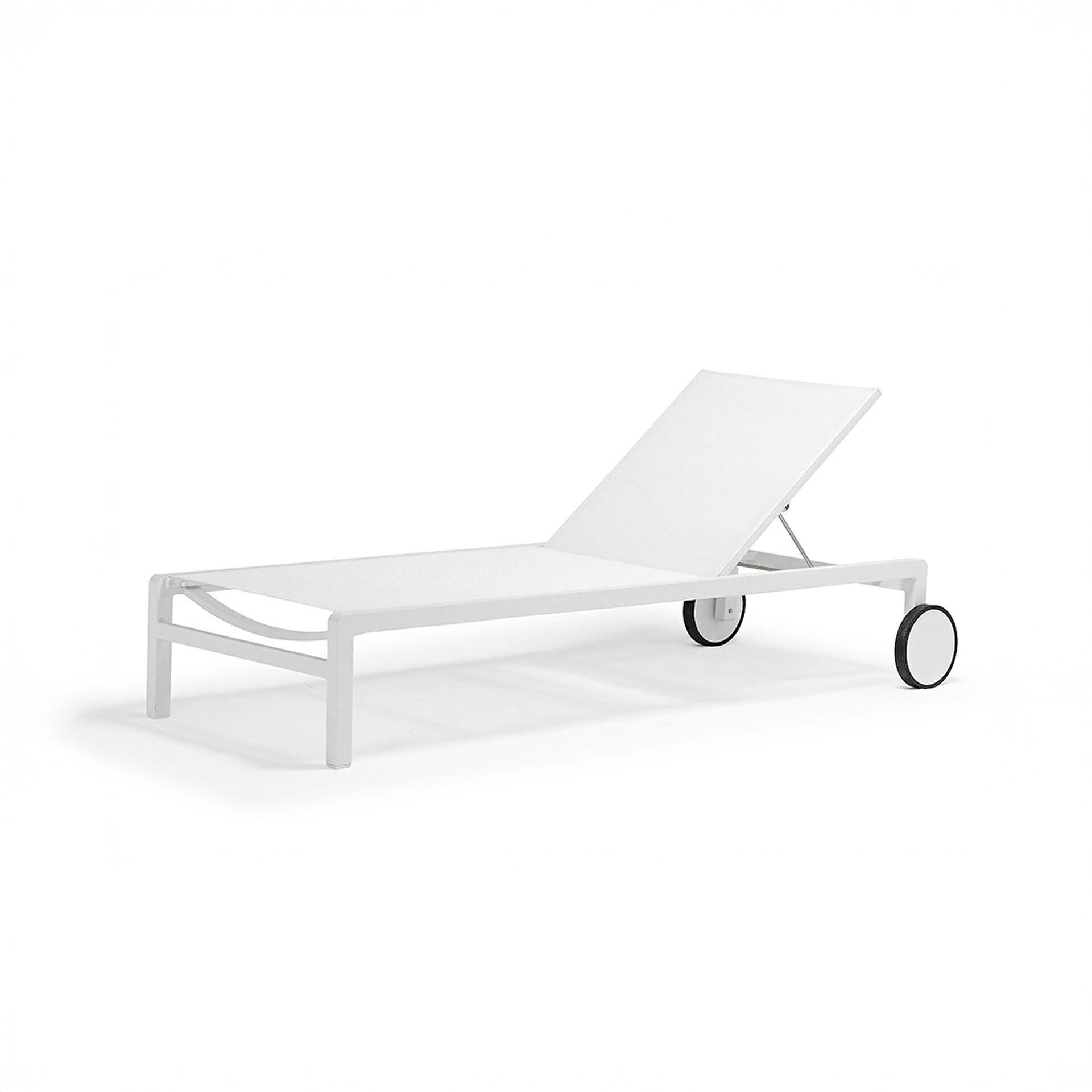 Ella Chaise Lounge in white aluminum frame with teak arms and mesh seat, angled front view.