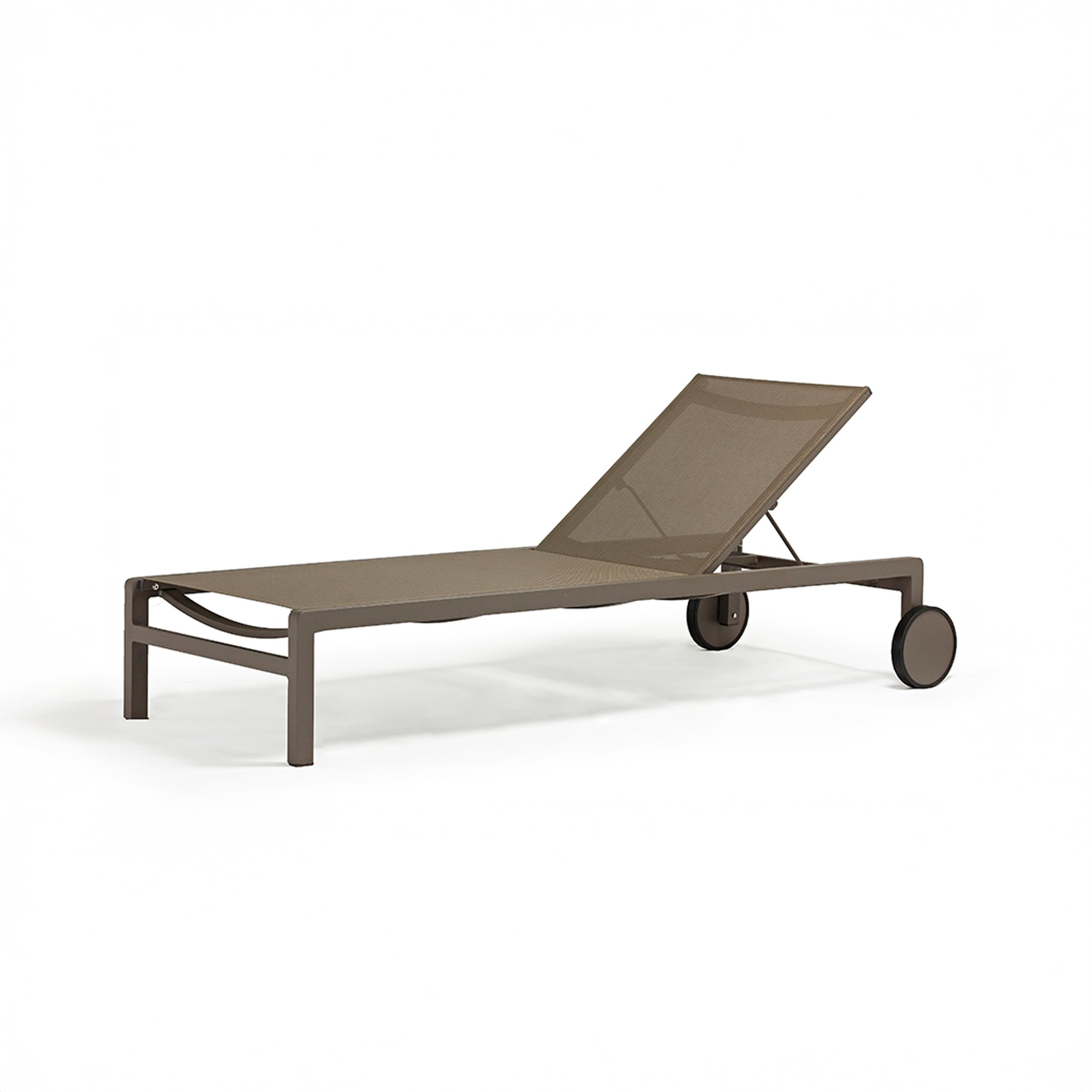 Ella Chaise Lounge in taupe powder-coated frame with teak arms and mesh seat, side view.