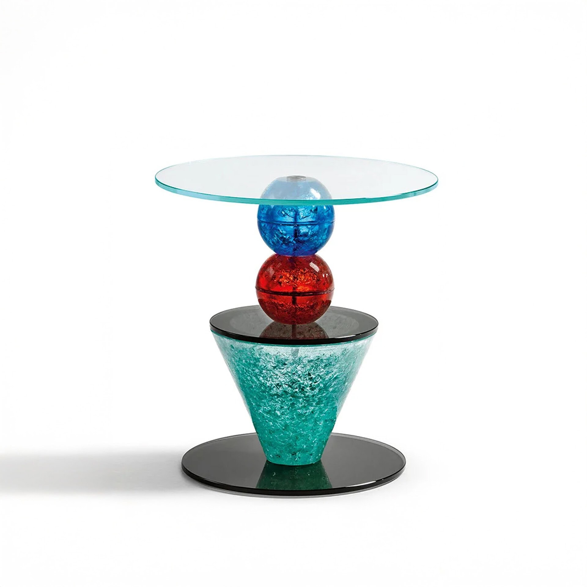 Il Paese delle Meraviglie Side Table with multicolored glass base and extra clear glass top, product view on white background