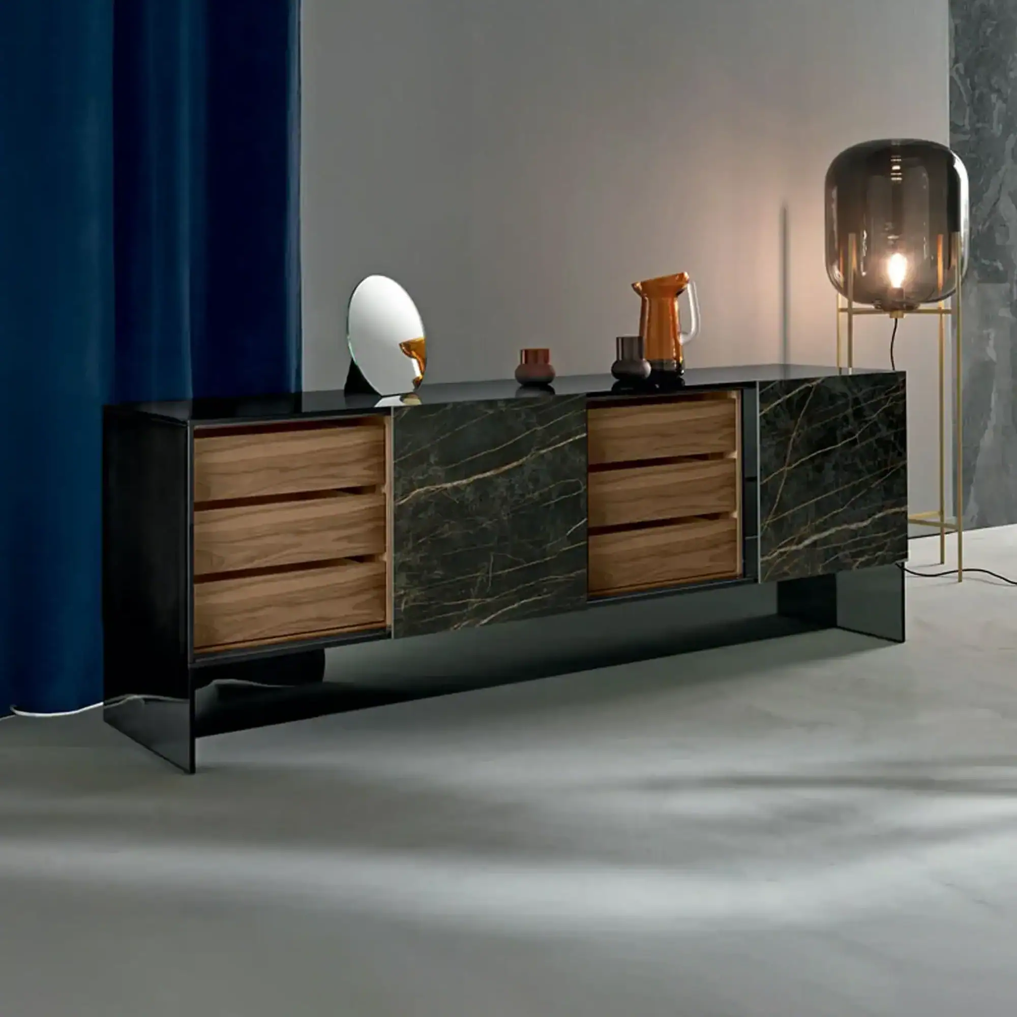 Sklar Furnishings sideboard with marble and wood finish in modern room.
