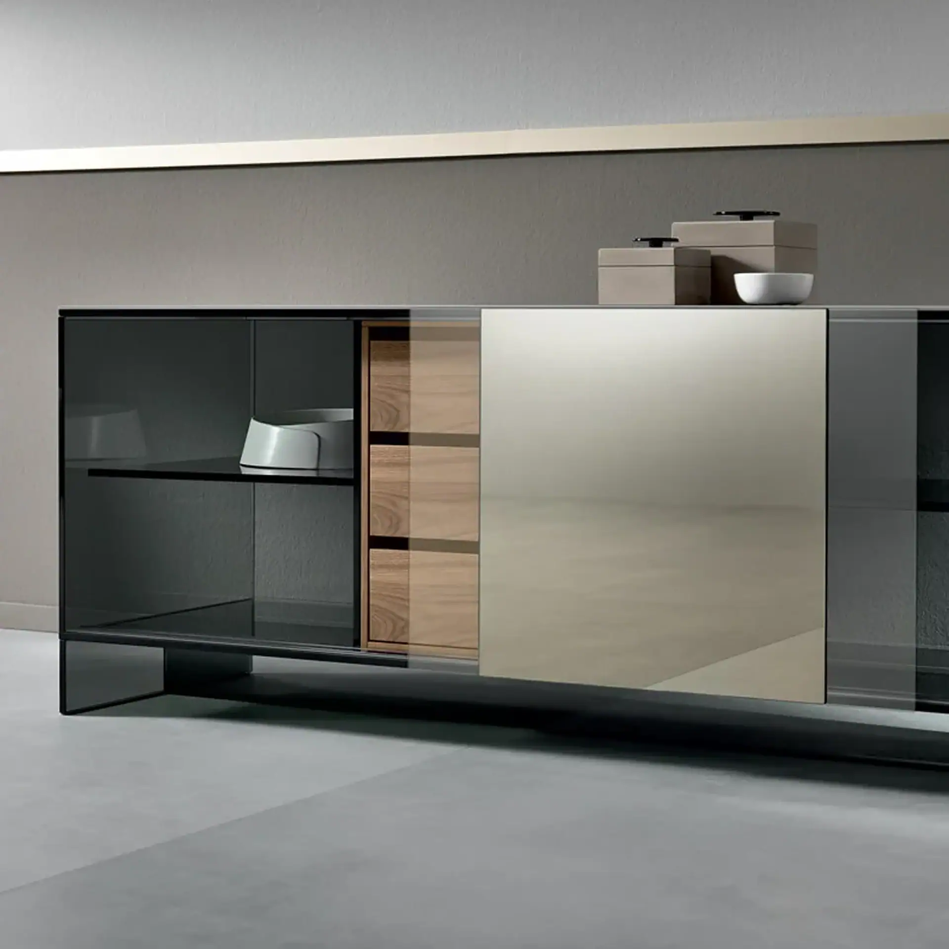 Shoji Madia sideboard with glass and wood elements in modern room.
