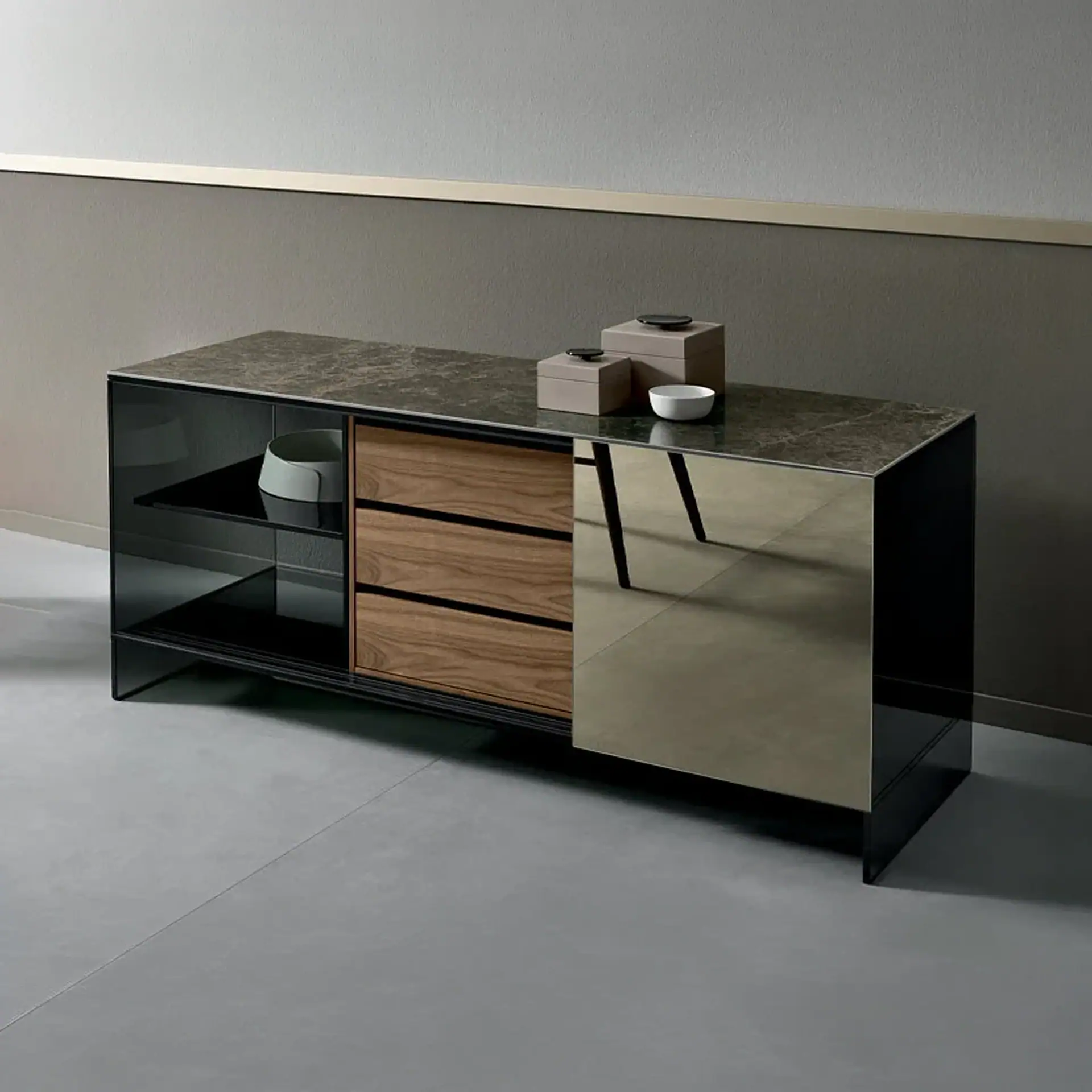 Sklar Furnishings sideboard with wood and mirrored finish in modern room.