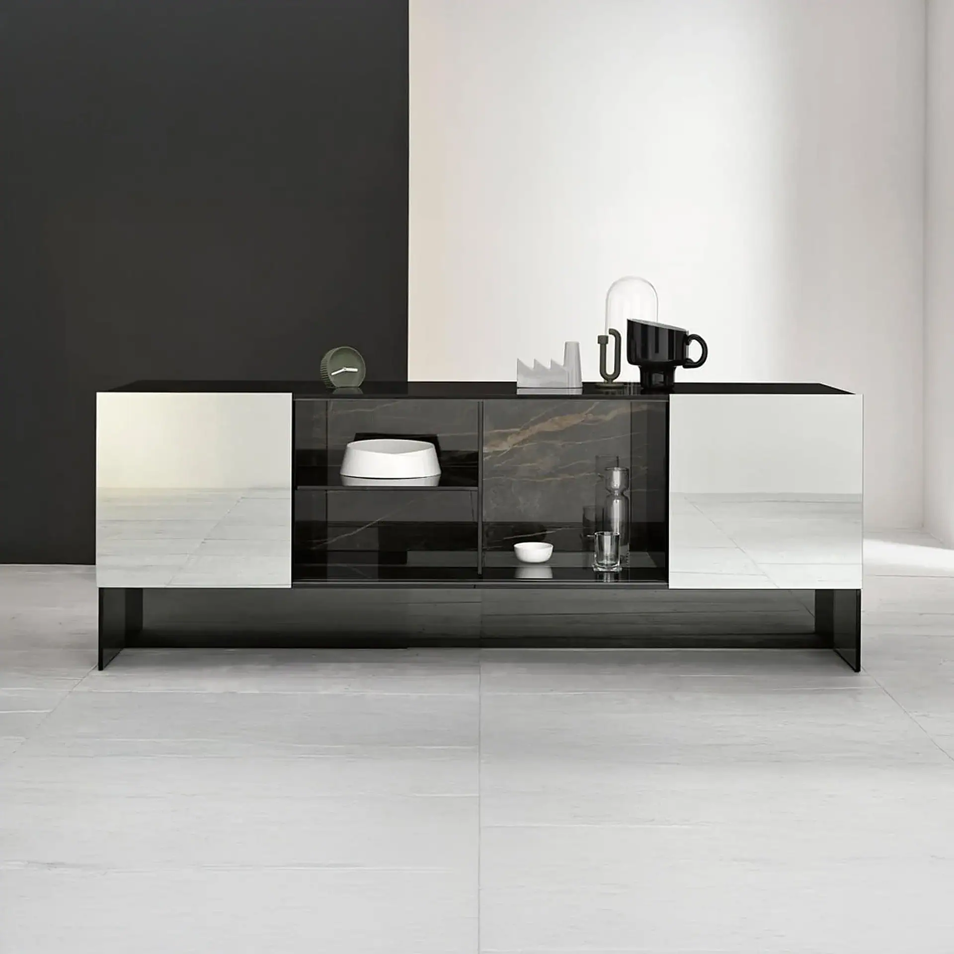 Sklar Furnishings sideboard with black and white finish in modern room.
