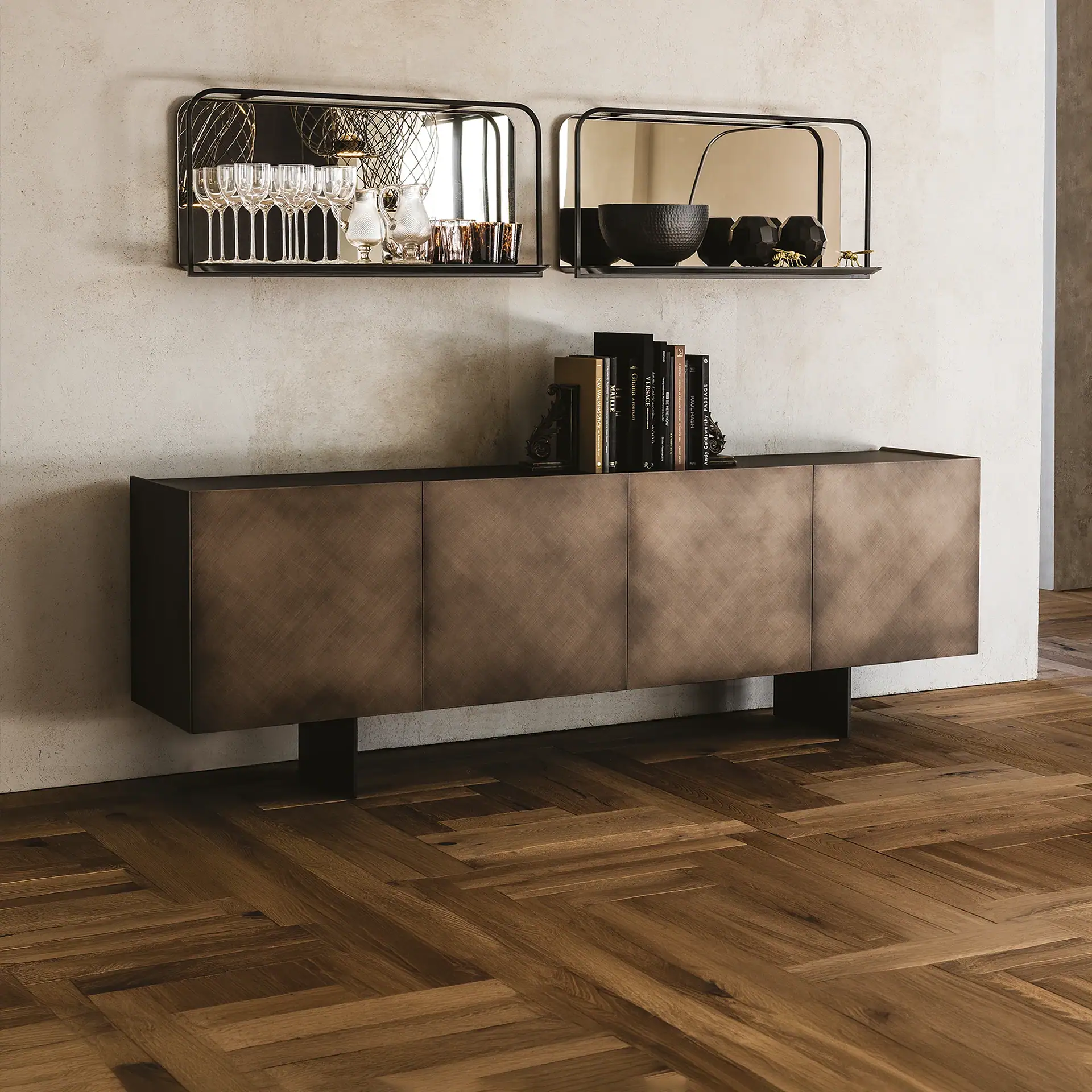Modern sideboard with wall-mounted shelves for stylish living room storage and decor.