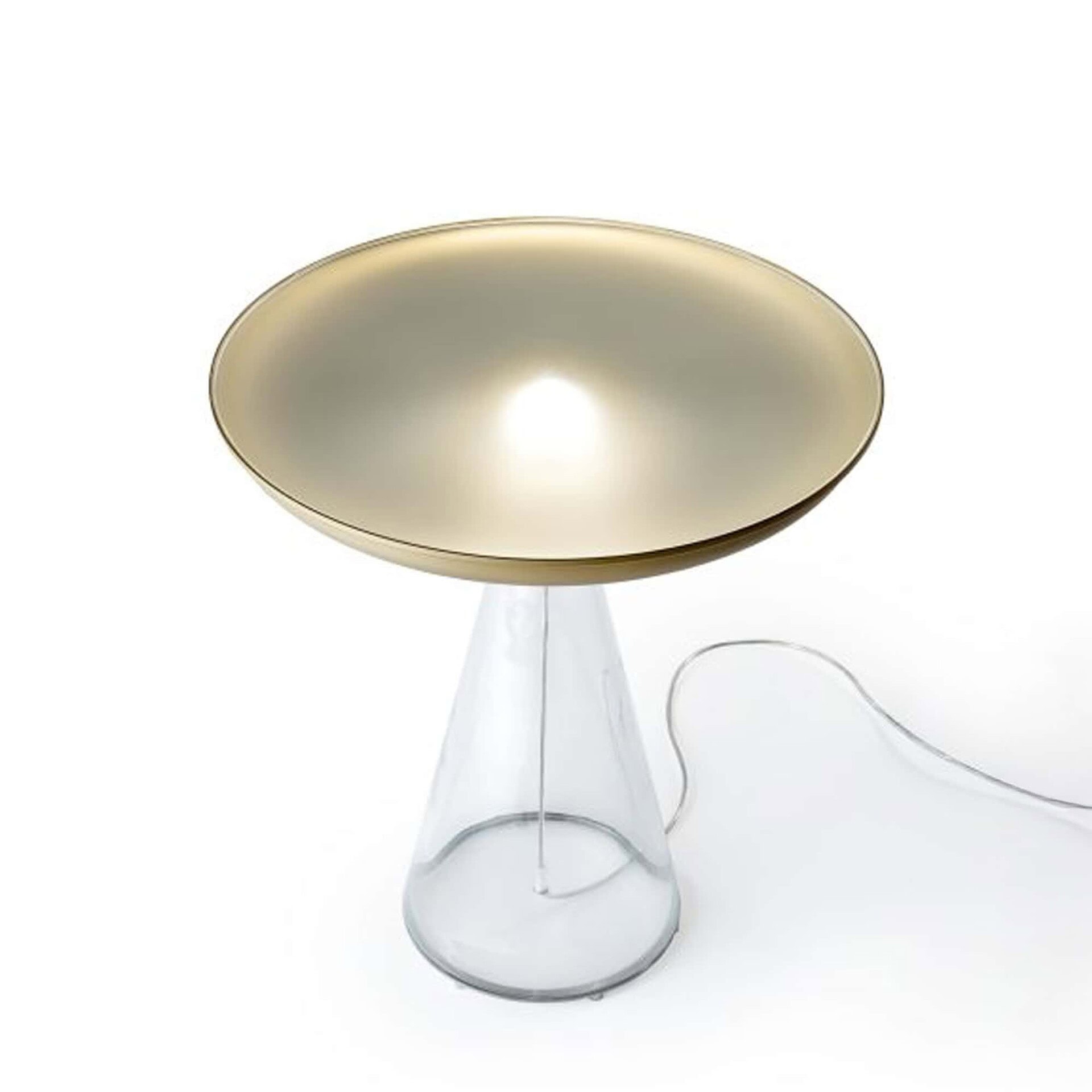 Accademia 40 Side Table angled view highlighting the round bronze mirror glass top and satin brass edge.