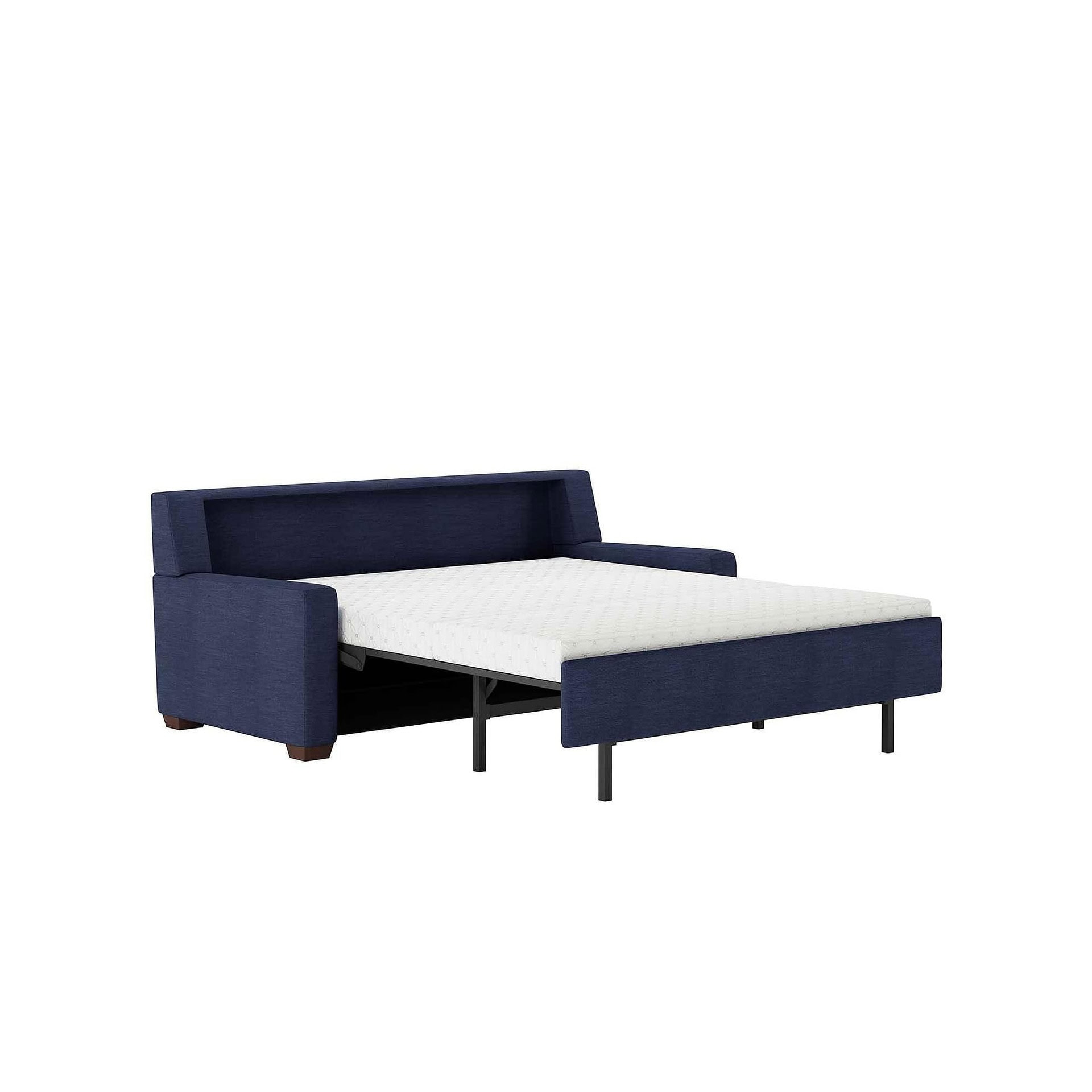 Modern navy blue sofa bed with adjustable pull-out mattress and wooden legs.